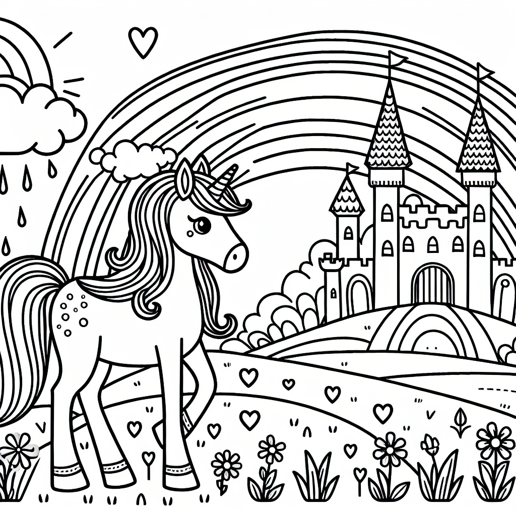 Kostenlose Einhorn Malvorlage mit Schloss und Regenbogenwiese