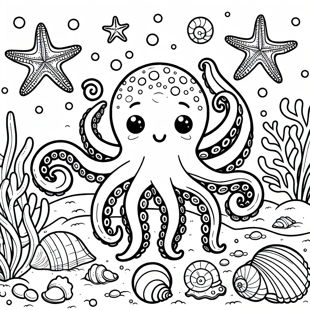 Oktopus Malvorlage mit Muscheln und Seesternen kostenlos