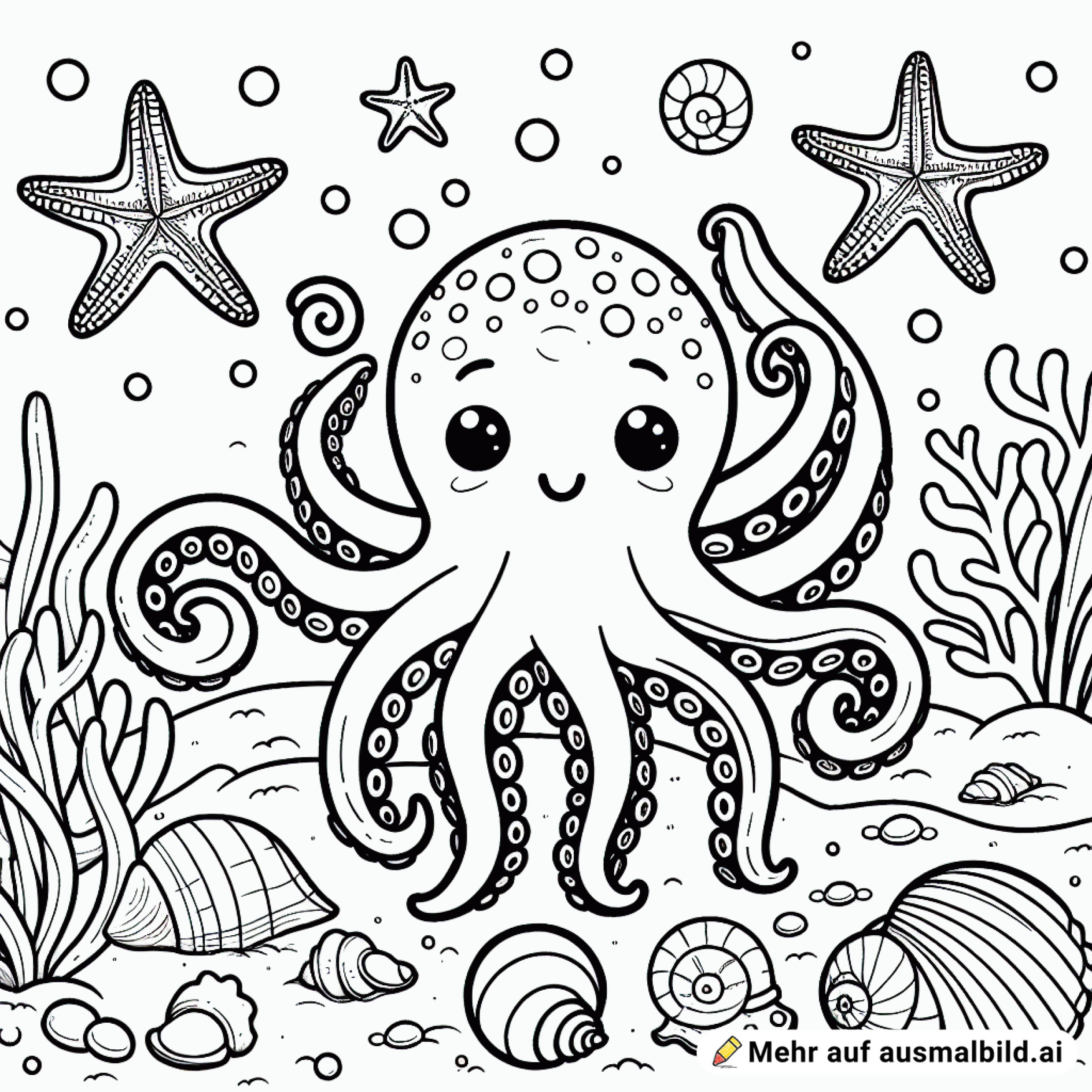 Ein Oktopus spielt mit Muscheln und Seesternen