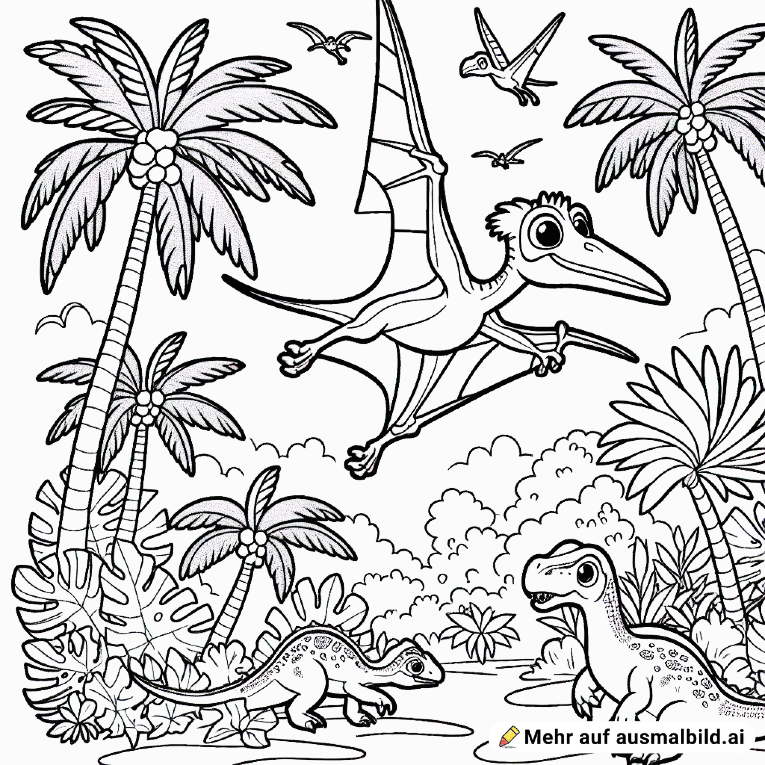 Ein Pteranodon fliegt über Palmen und kleine Dinos