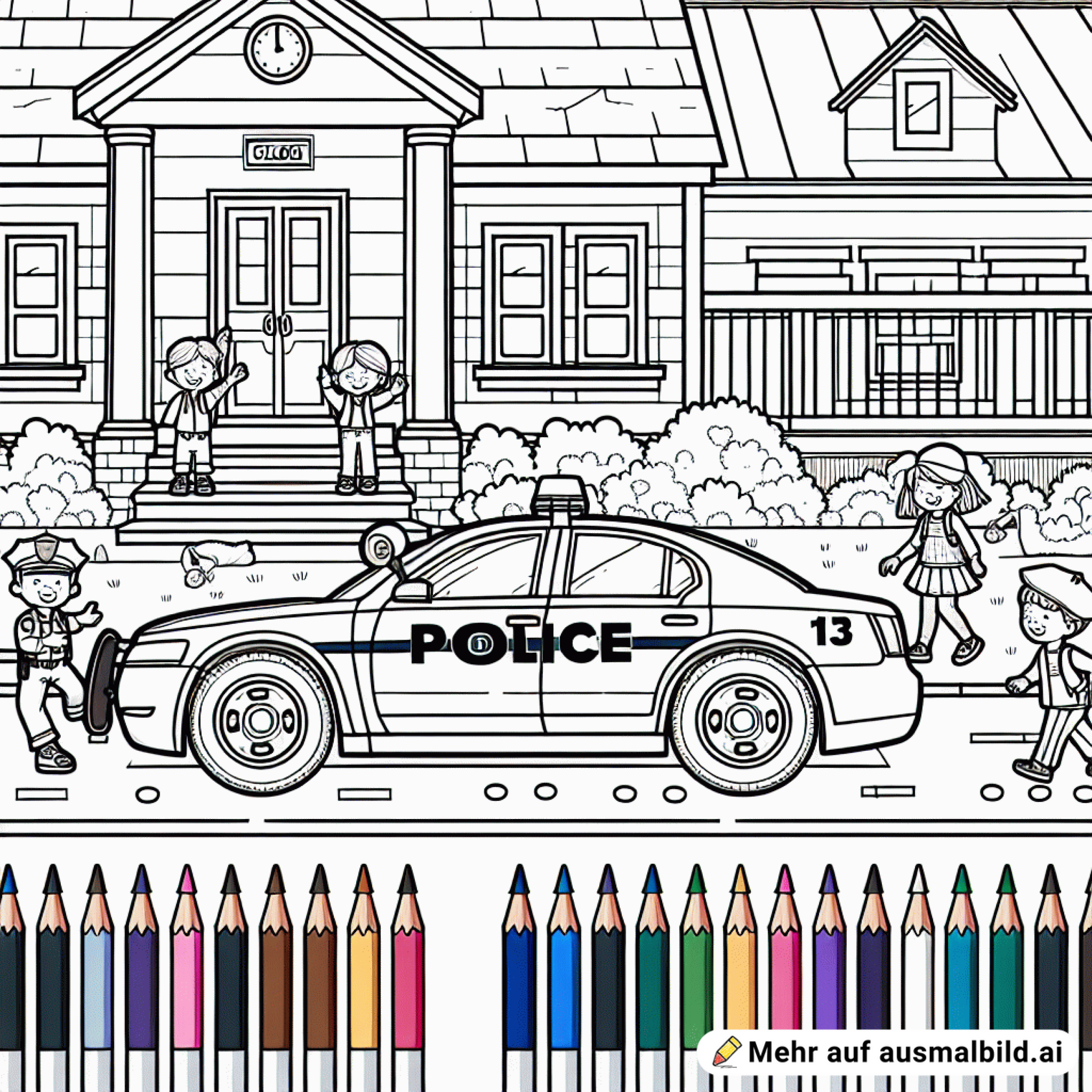 Ein Polizeiauto parkt vor einer Schule mit spielenden Kindern