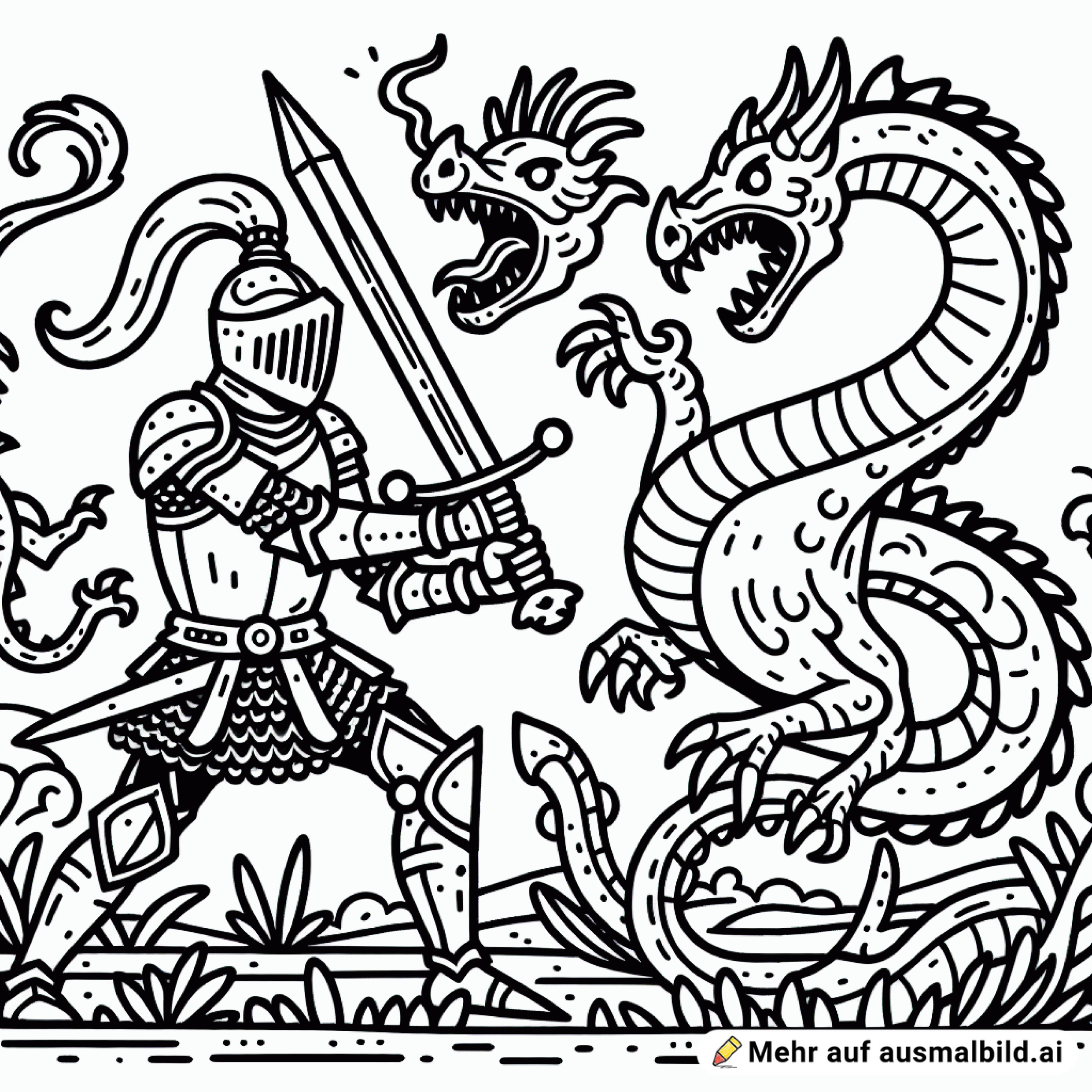 Ein Ritter kämpft gegen einen dreiköpfigen Drachen