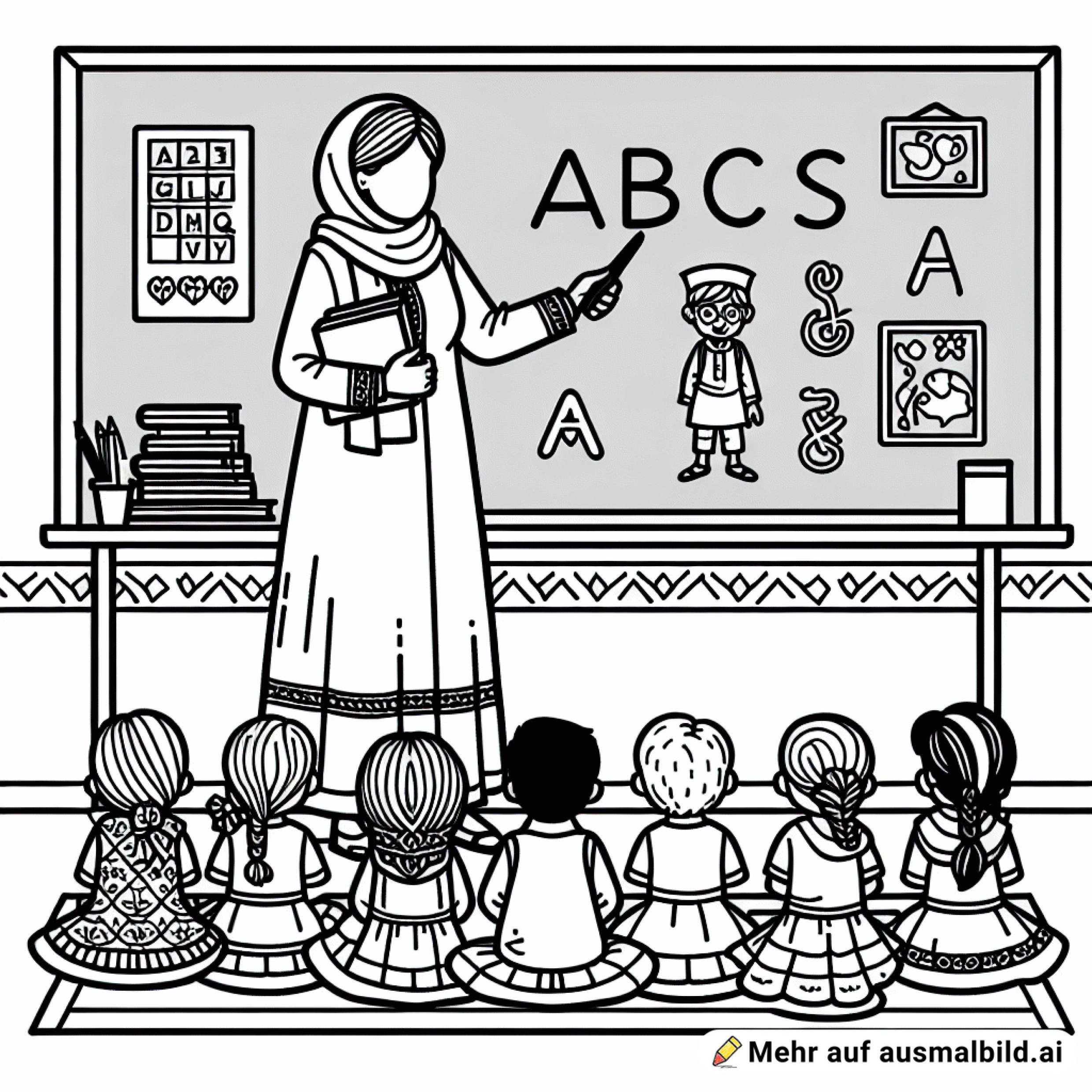 Ein Lehrer erklärt das ABC an einer Tafel vor Kindern