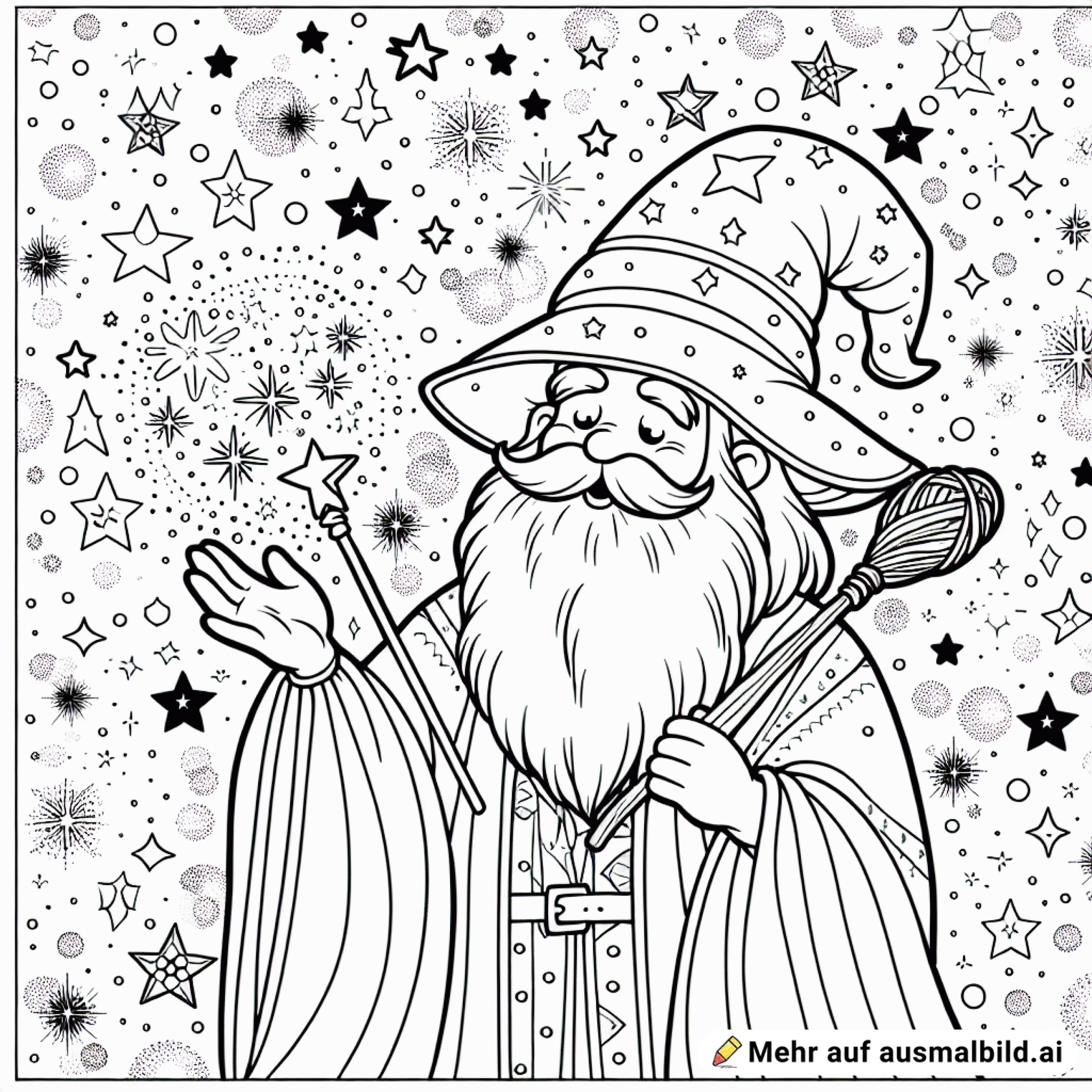 Ein Zauberer wirft einen Zauber vor funkelnden Sternen