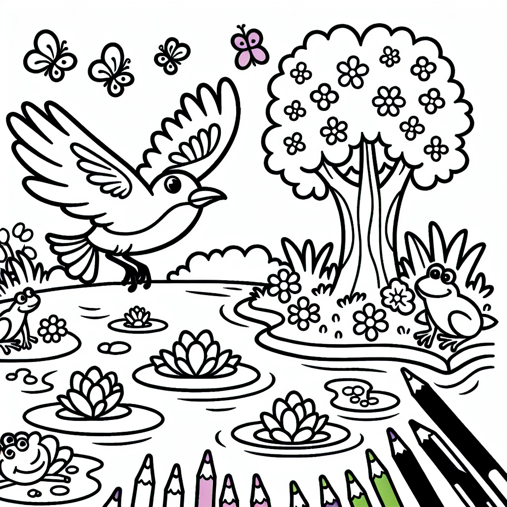 Kostenlose Malvorlage Vogel fliegt über Teich mit Fröschen