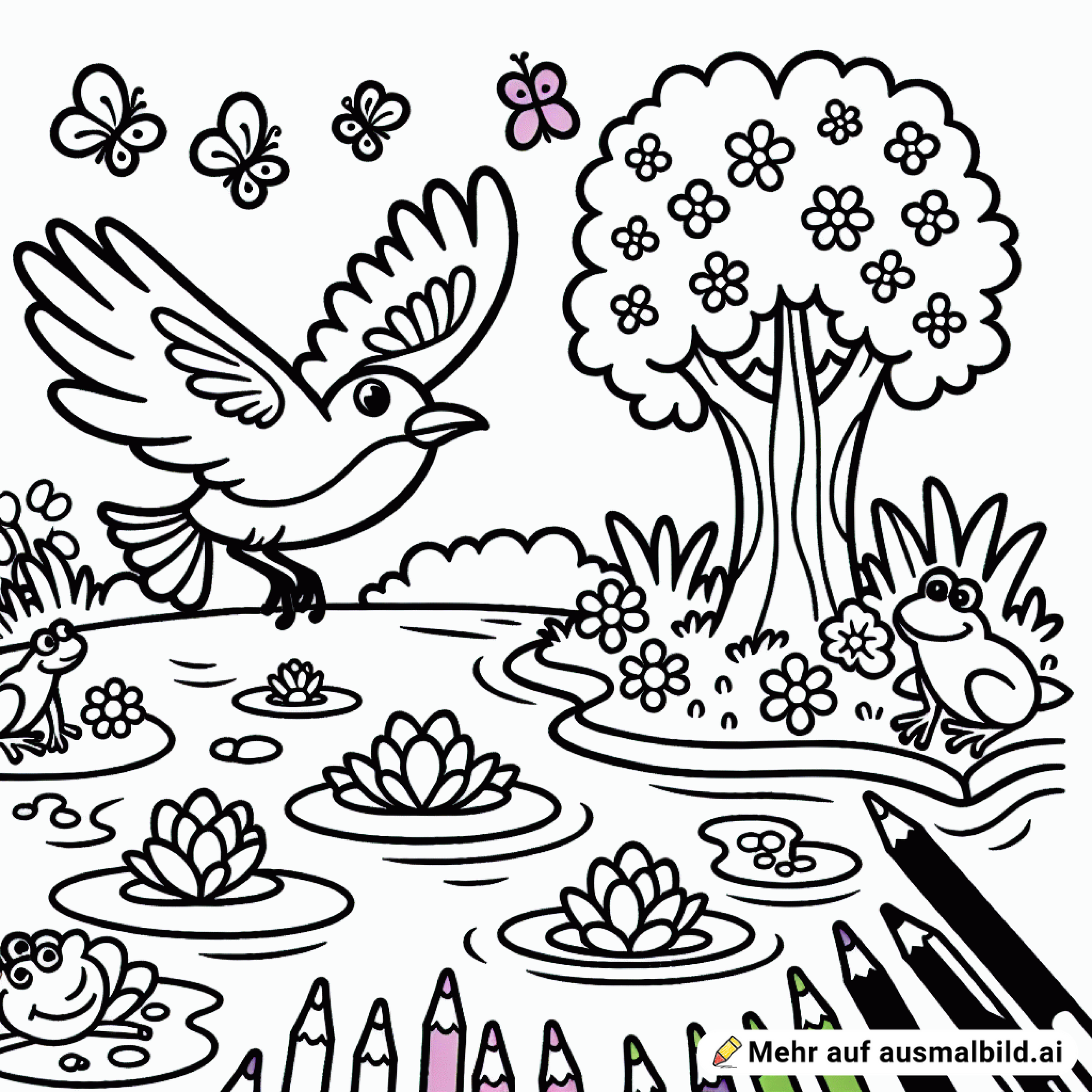 Ein Vogel fliegt über einen Teich mit Fröschen