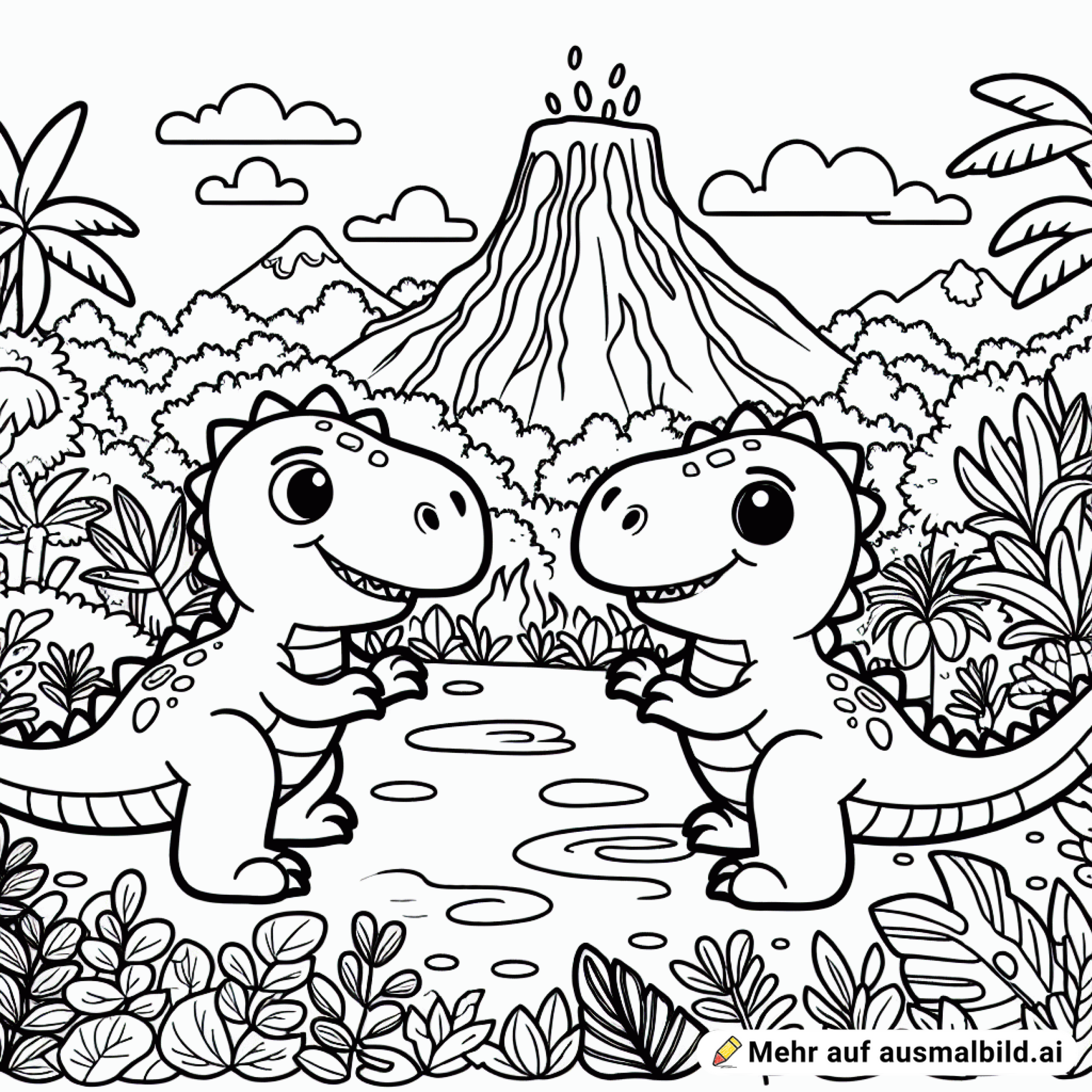 Zwei Dinosaurier spielen im Dschungel mit Lava im Hintergrund