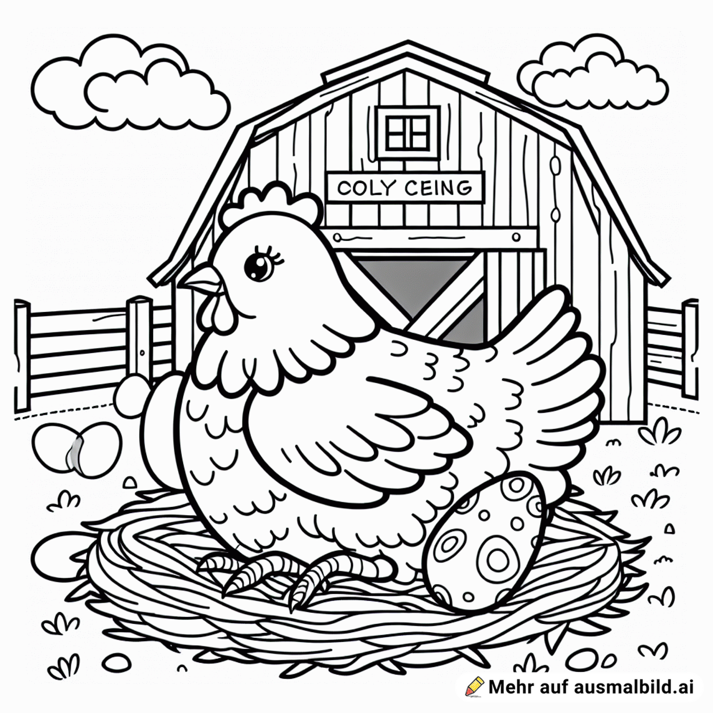 Huhn legt Ei im Stall