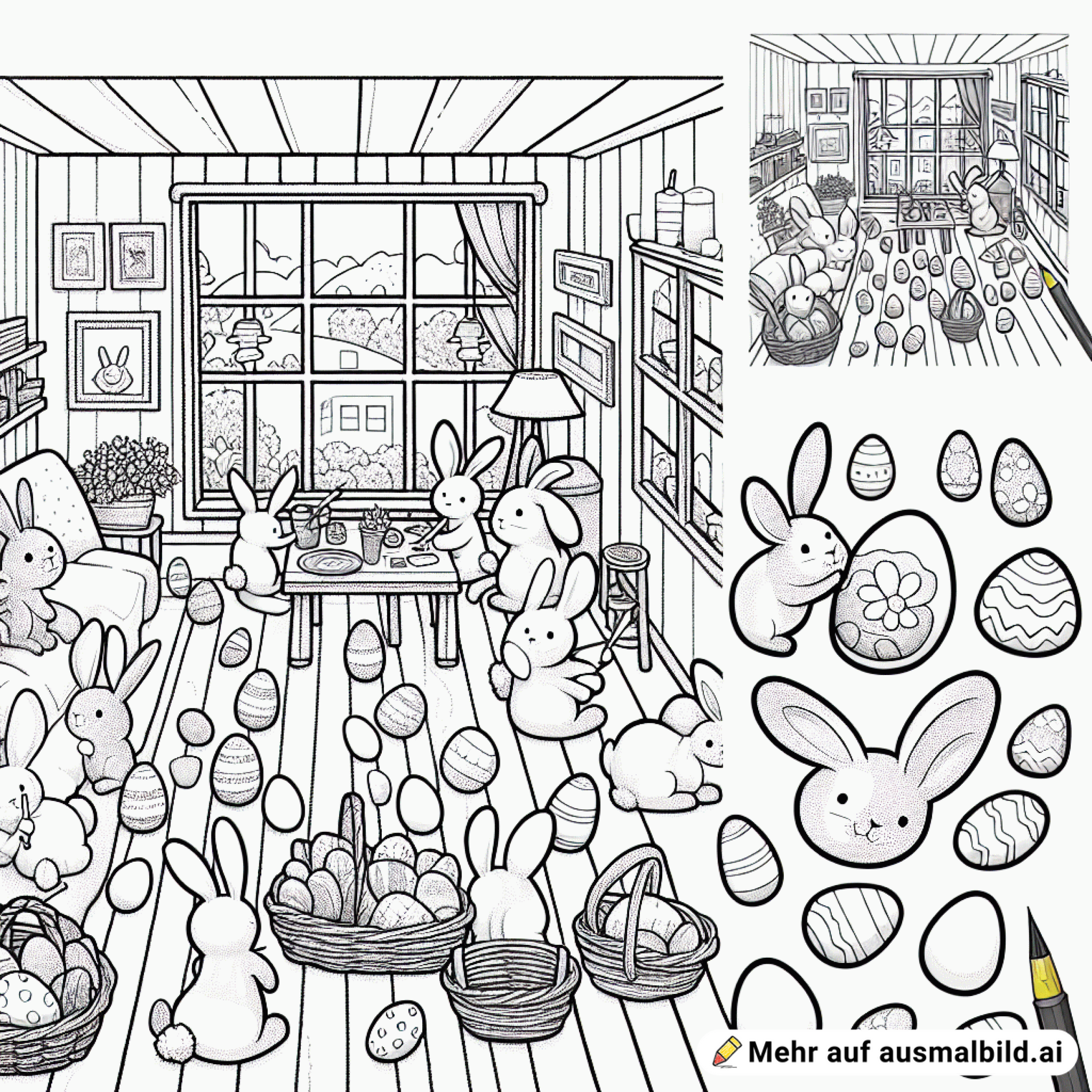 Zeige einen Raum von Oben mit sehr vielen Hasen. Sie bemalen Eier zu Ostern