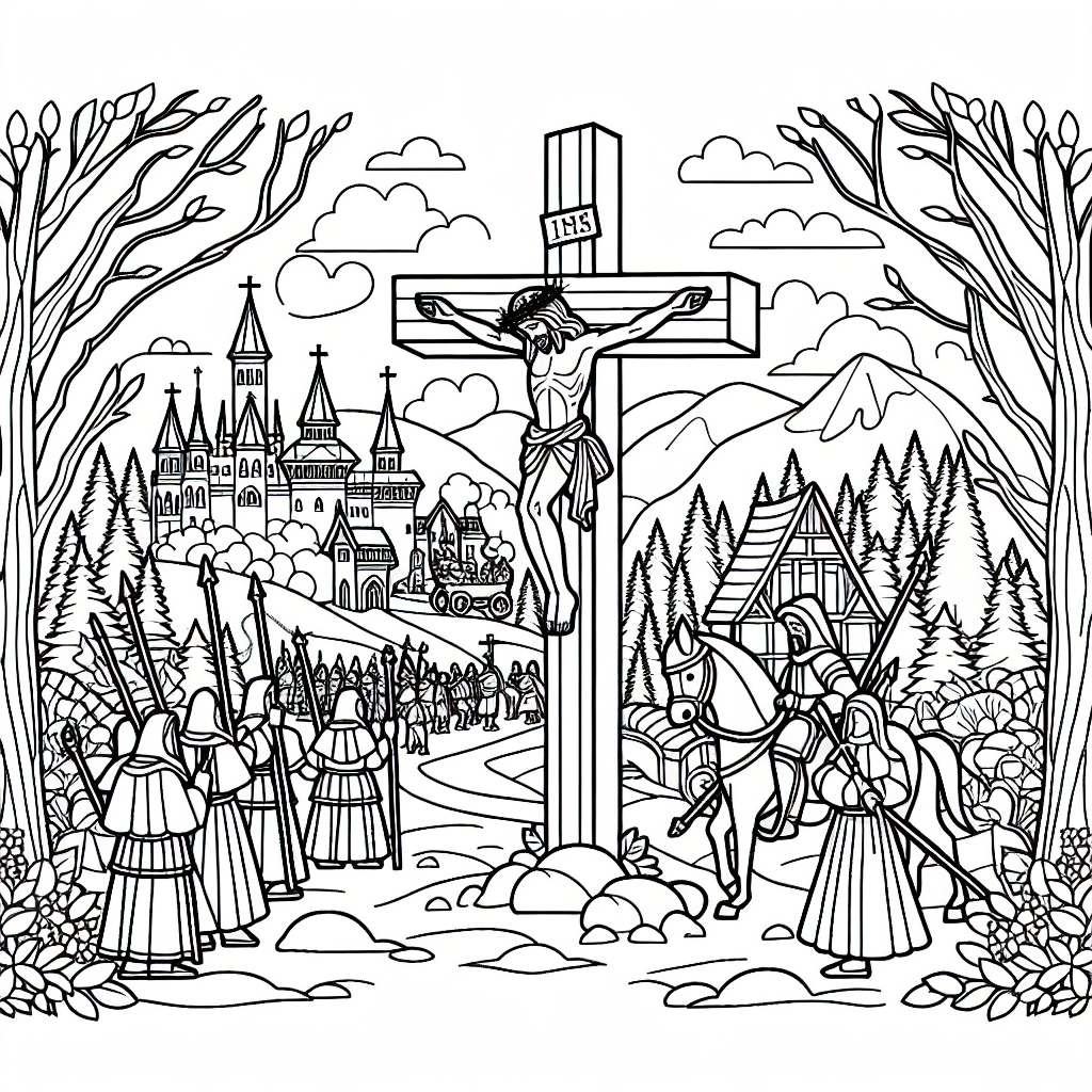 Jesus am Kreuz Malvorlage vor mittelalterlichem Dorf zum Ausdrucken