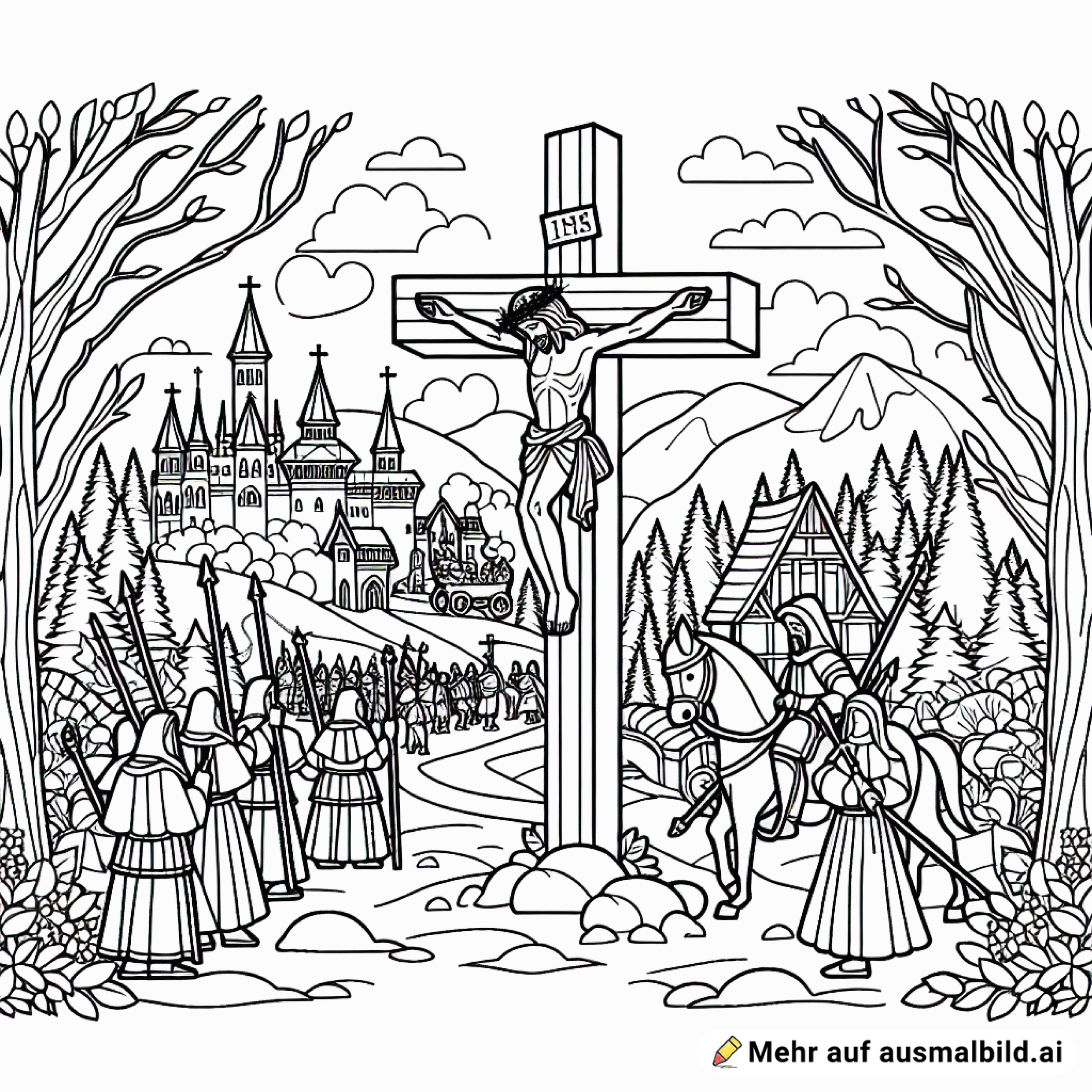 Jesus am Kreuz vor einem mittelalterlichem Dorf und Wald