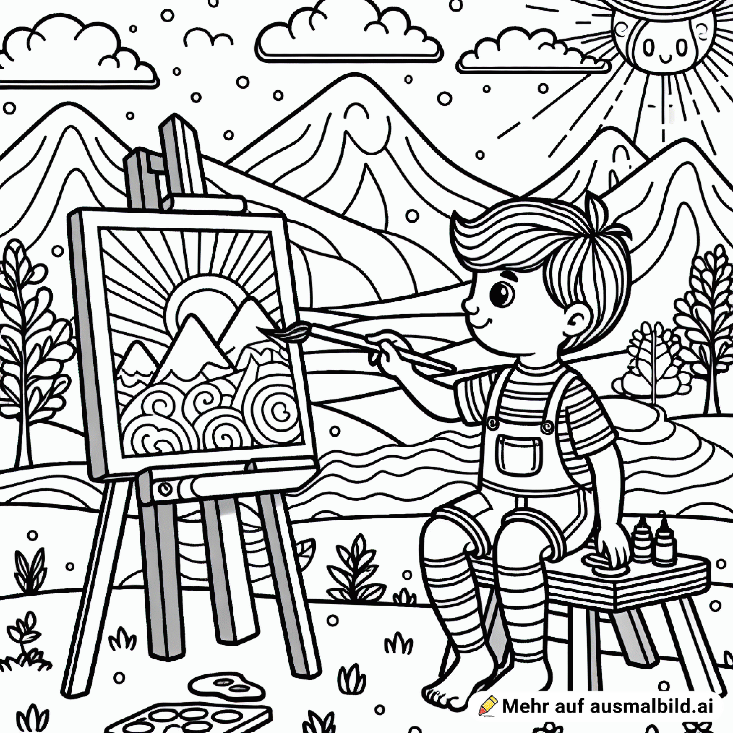 Kind malt an Staffelei vor Landschaft mit Bergen