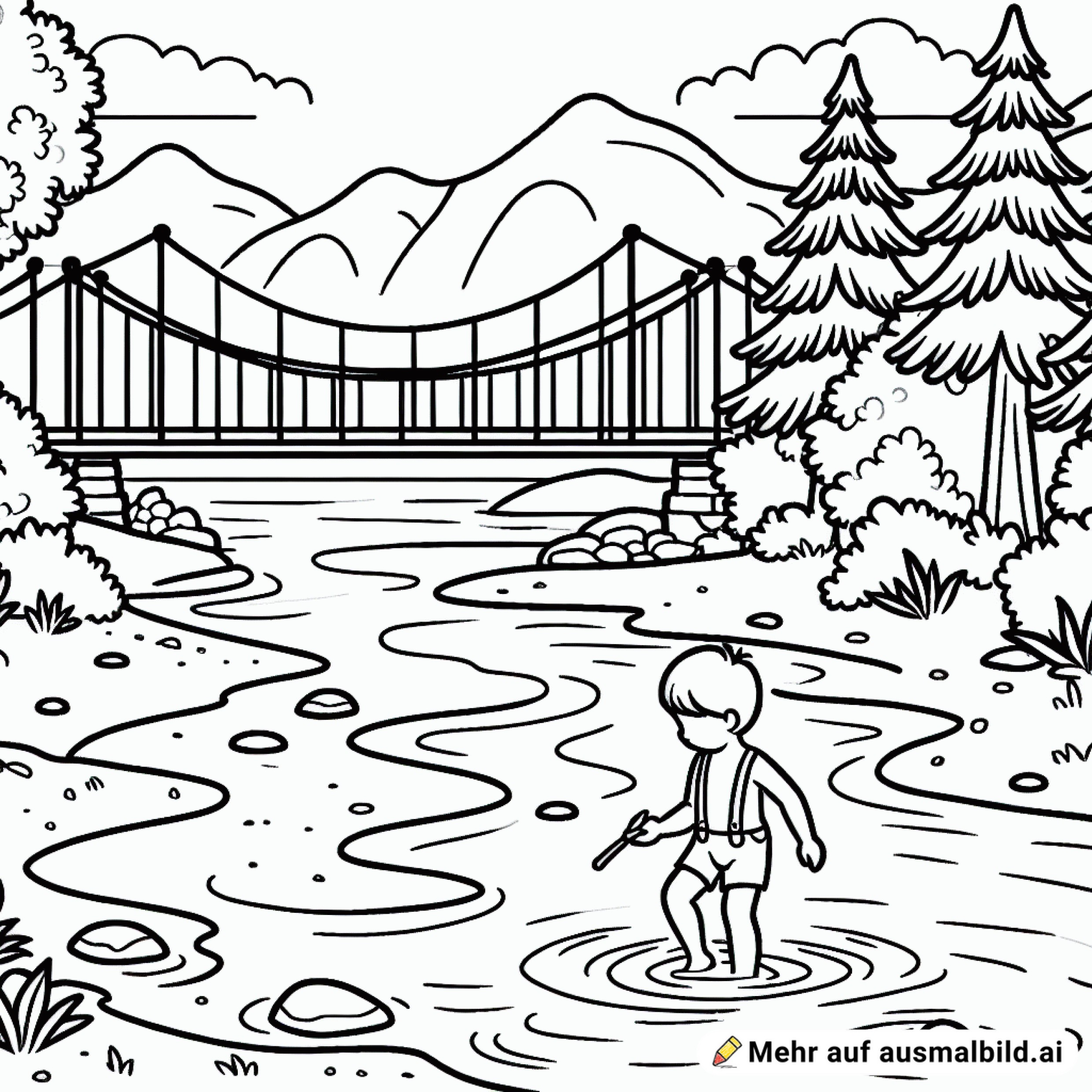 Kind Barfuß Bach am Waldwand im Hintergrund eine Brücke