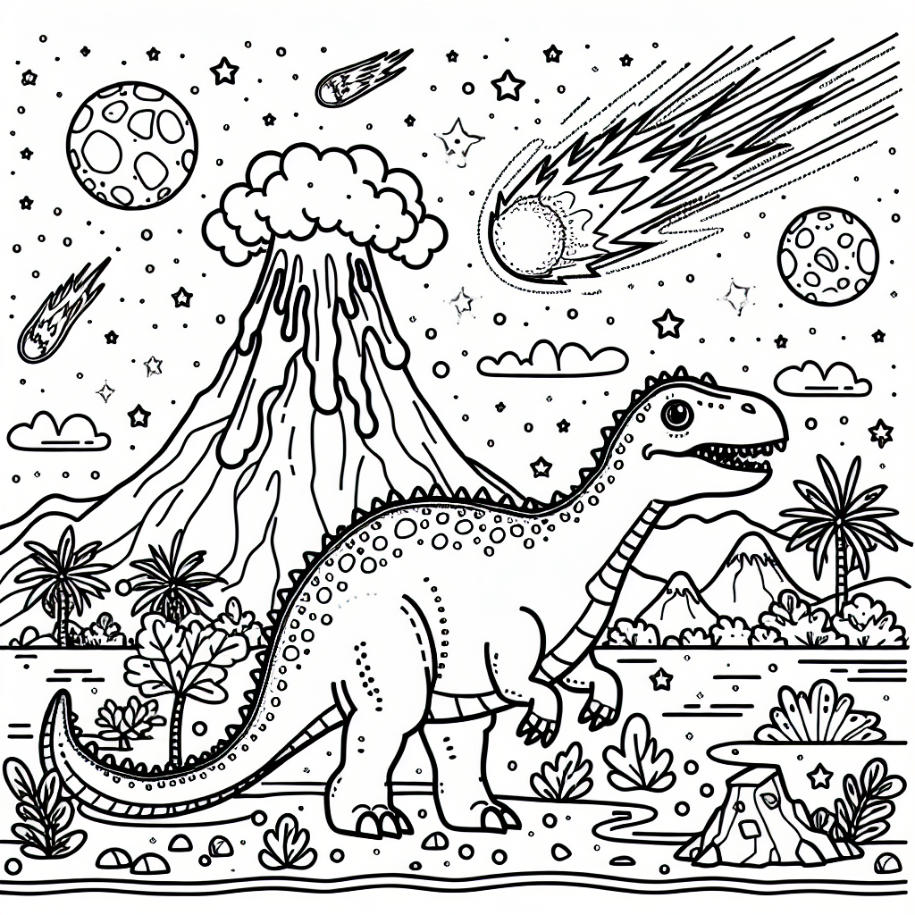 Dino Malvorlagen mit Vulkan und Meteorit zum Ausdrucken