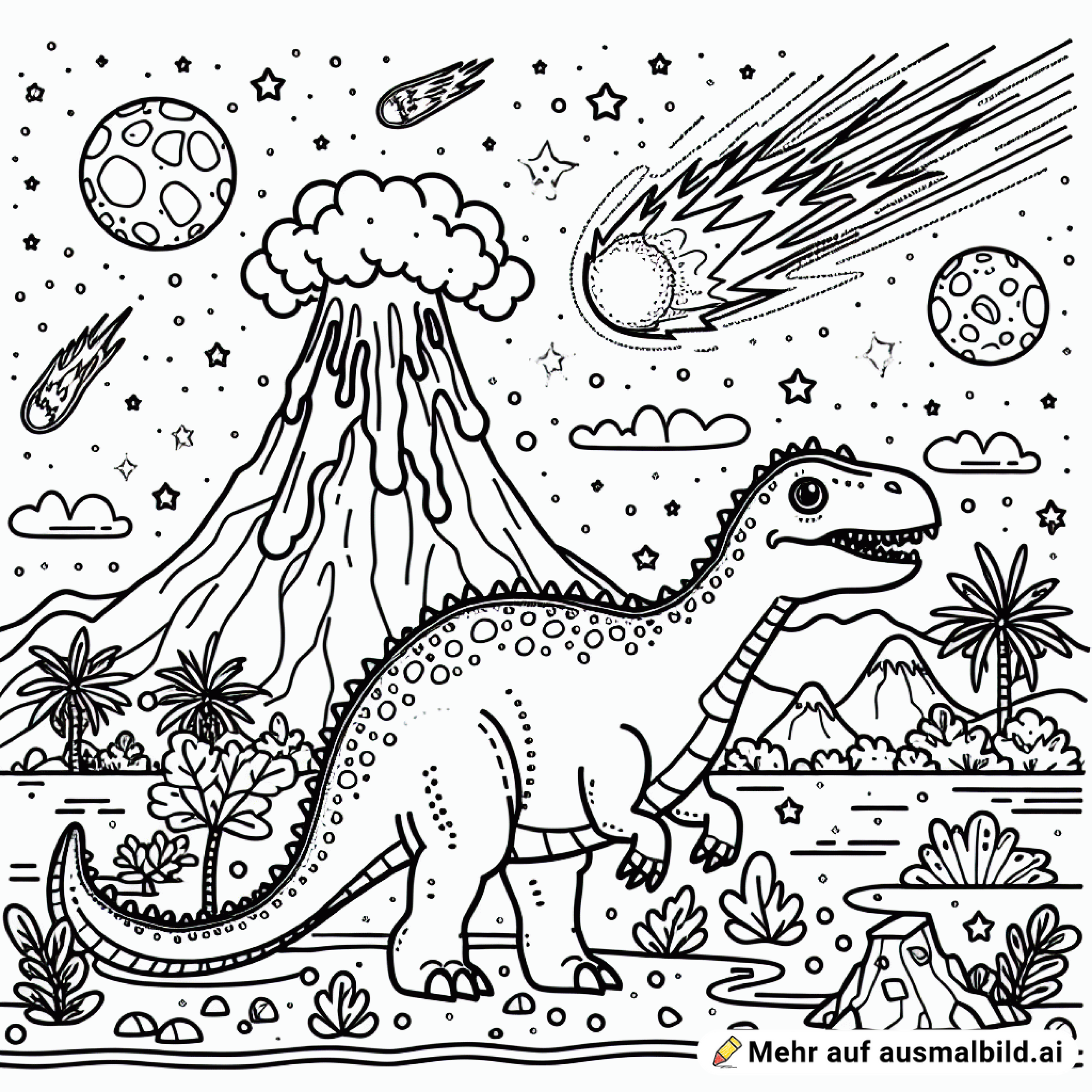 dino mit vulkan und metorit