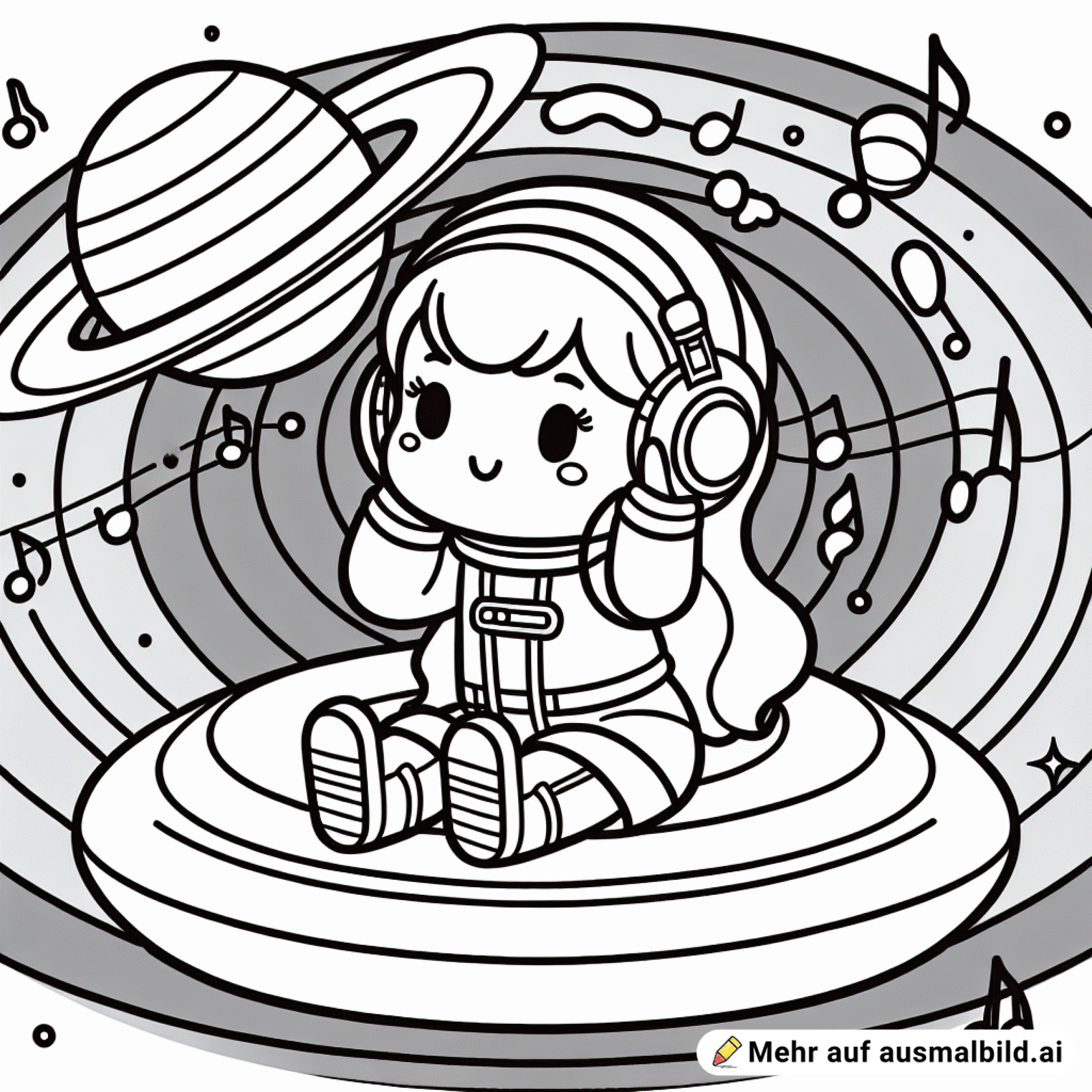 eine astronautin die auf den ringen von saturn sitzt und musik hört