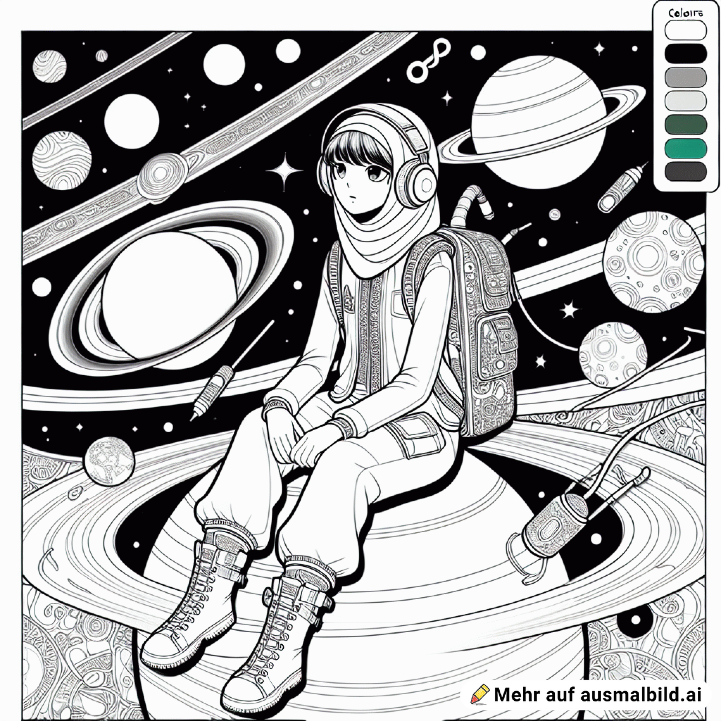 eine astronautin die auf den ringen von saturn sitzt und musik hört im anime style