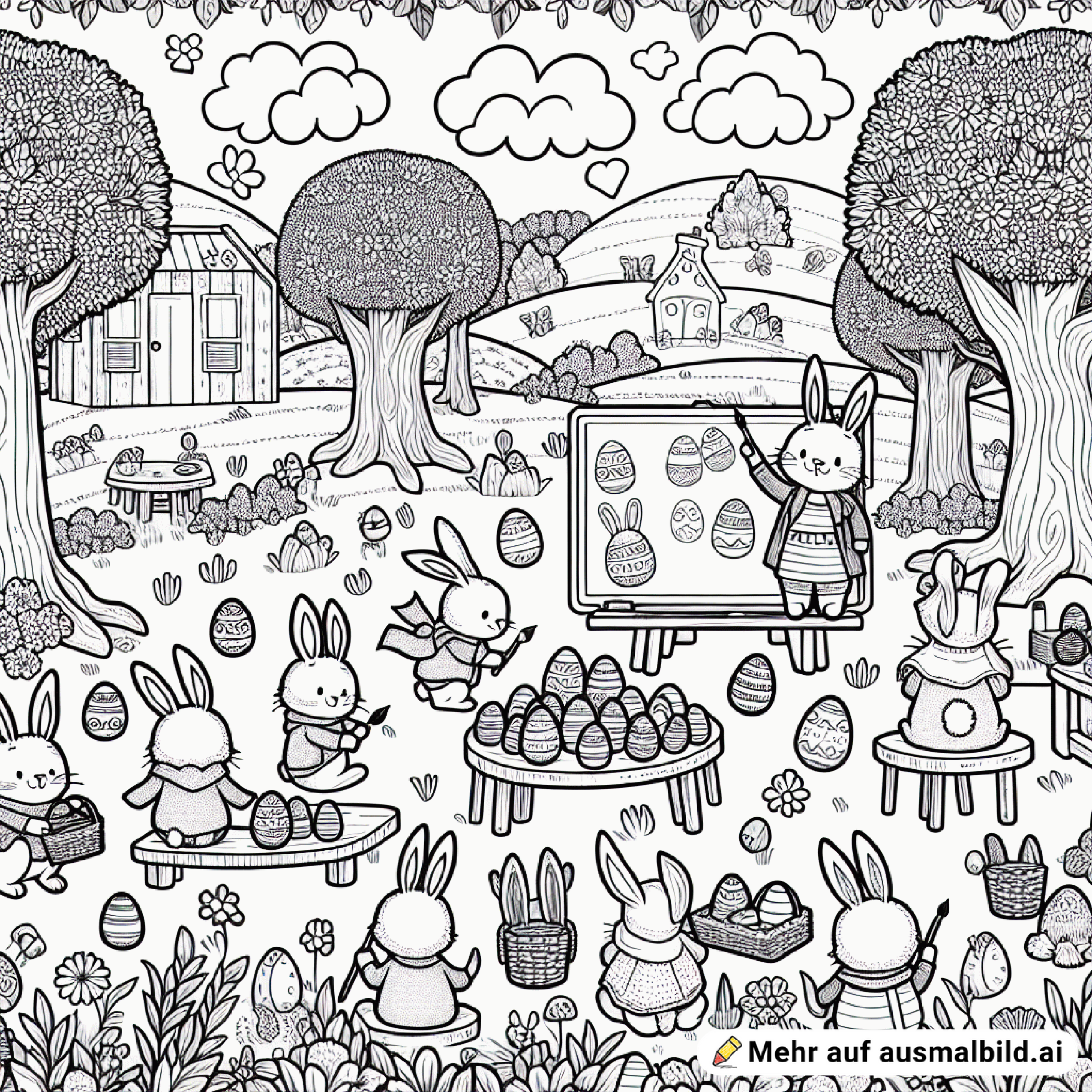 Wimmelbild zu Ostern. Das Bild soll großes Feld mit Bäumen 20 großen und kleinen Hasen zeigen. Auch Hasenbabys. Sie bemalen Osterei, denn hier ist die Oserhasenschule. Das Bild zeigt auch Bäume, Tische wo Eierbemalt werden. Türen an Baumwurzeln. Eine Tafel wo ein Hasenlehrer erklärt und vieles mehr aus einer Schule mit Hasen.