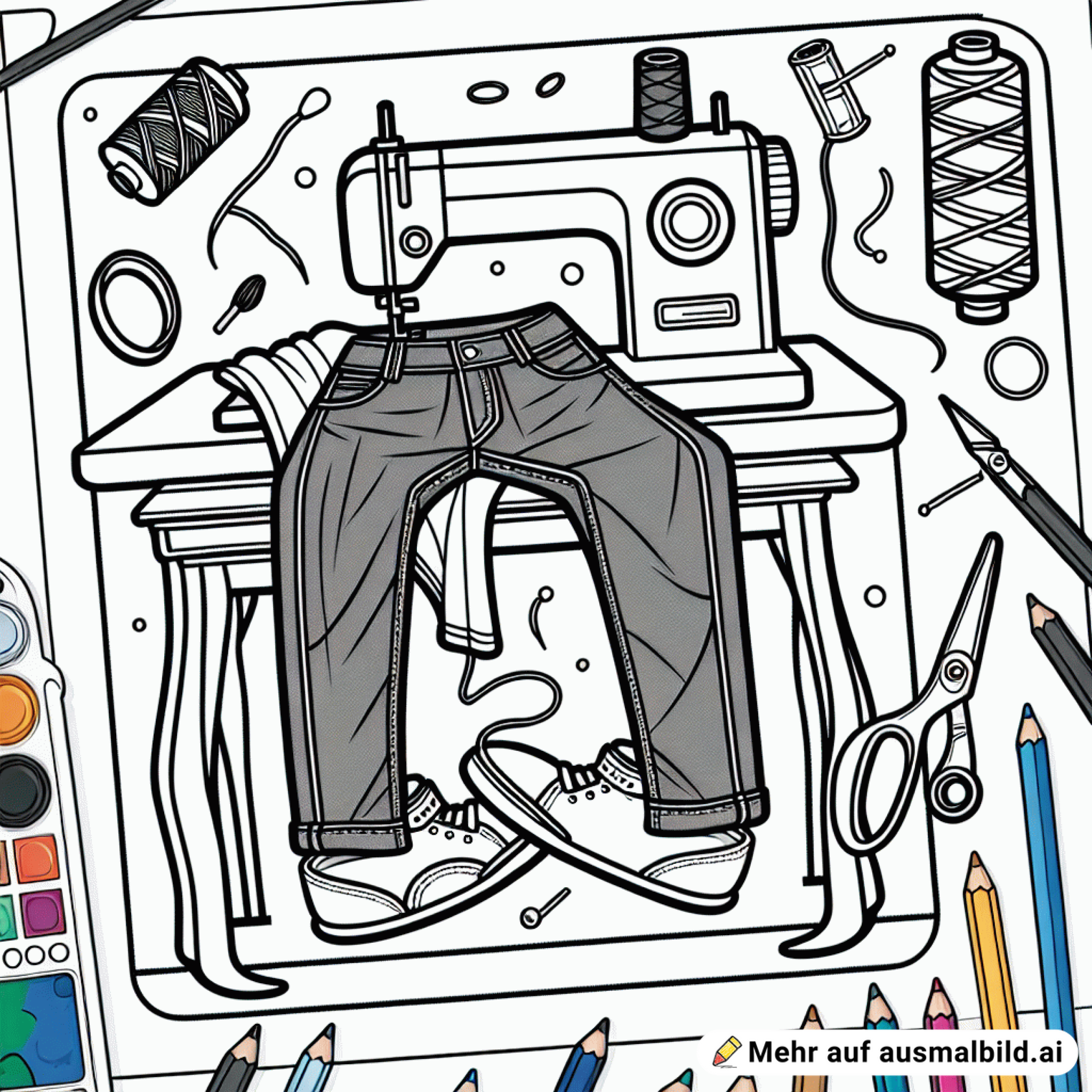 Jeanshose wird genäht mit Nähmaschine