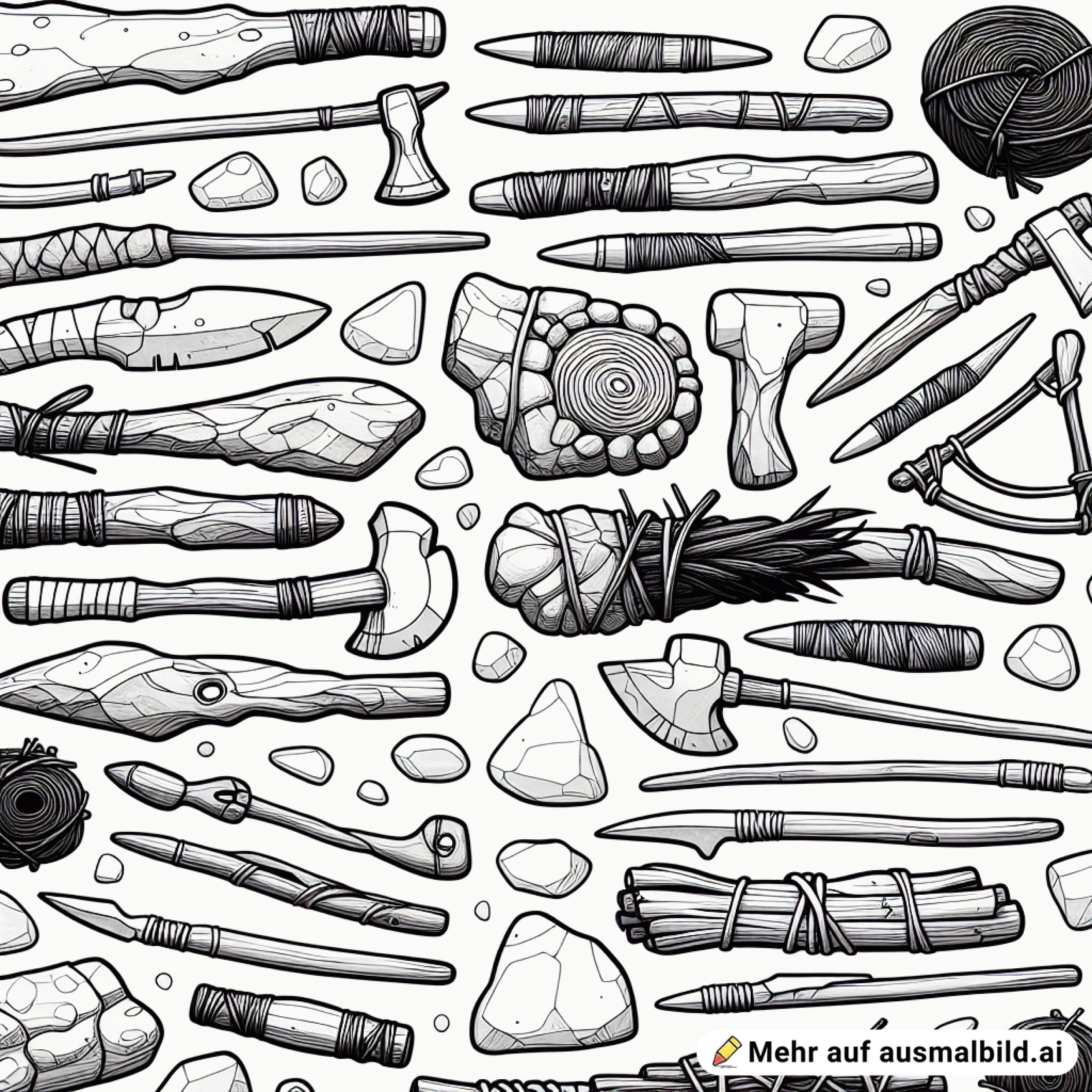 Viele Jagdwerkzeuge aus der Steinzeit, alle nebeneinander liegend, von oben dargestellt