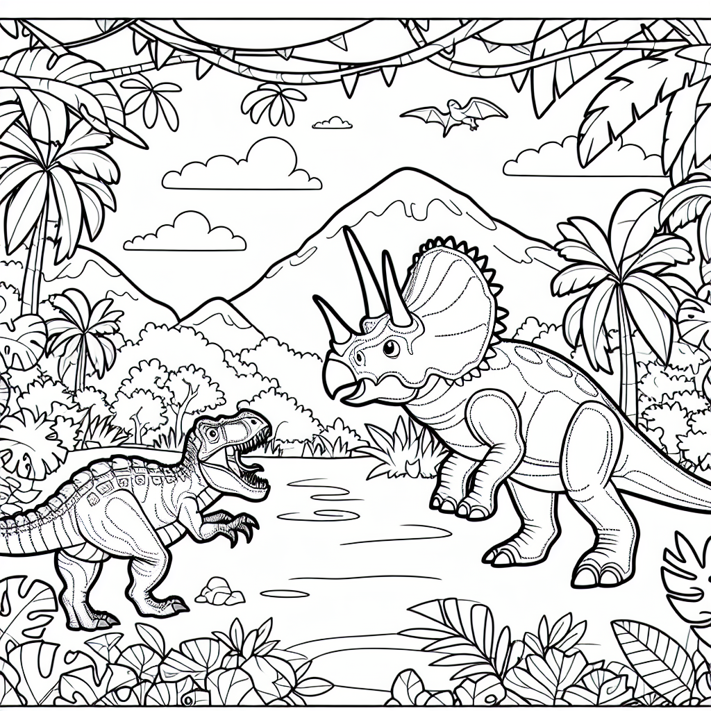 Triceratops Malvorlage: Dinosaurier im Urwald zum Ausmalen