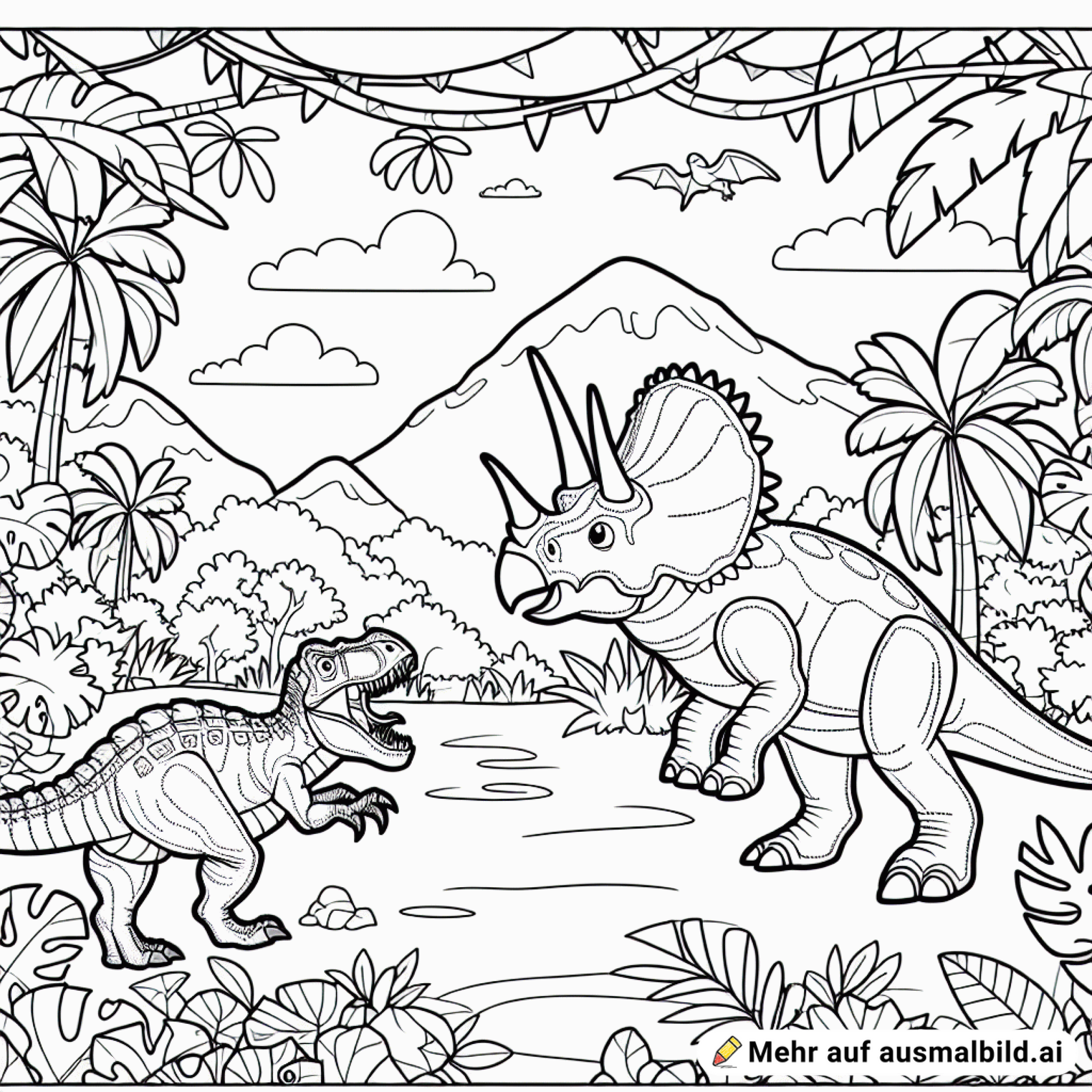 Triceratops verteidigt sich im Urwald gegen einen Velociraptor