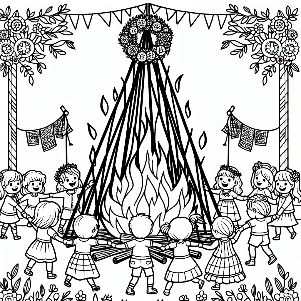 Kostenlose Maifeuer Malvorlage mit Maibaum zum Ausdrucken