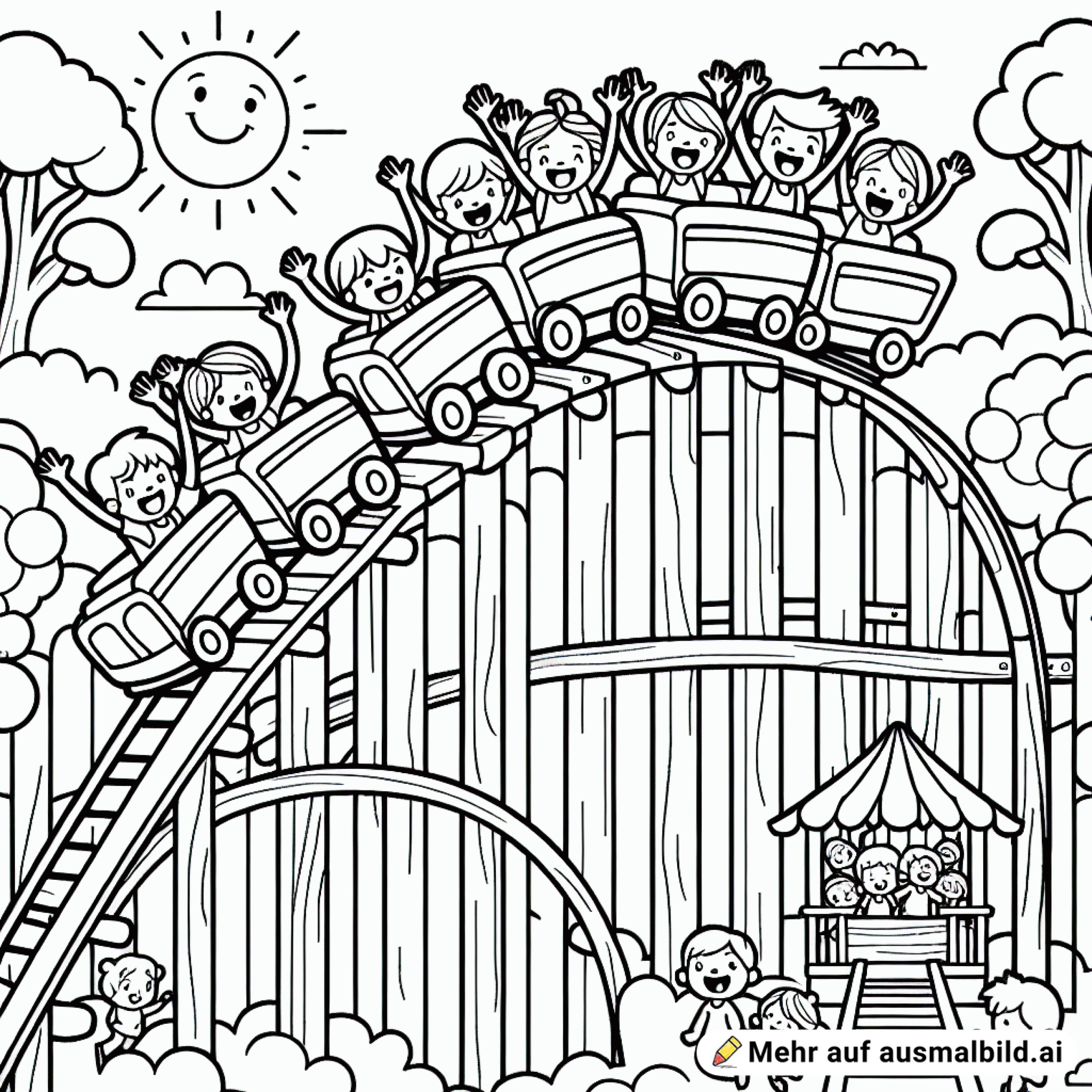 Achterbahn aus Holz mit jubelnden Kindern