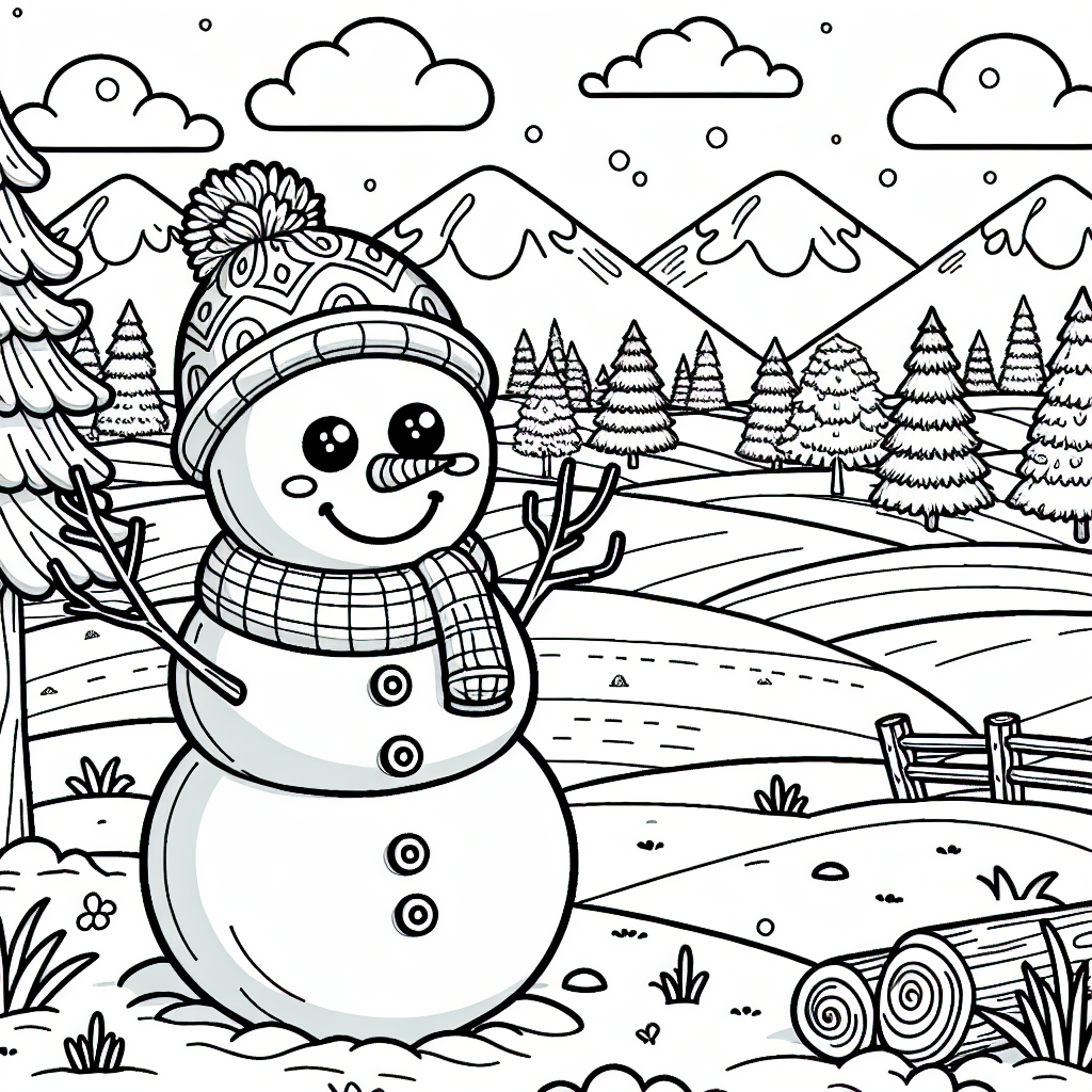 Schneemann Malvorlage mit Möhre & Ästen zum Ausdrucken