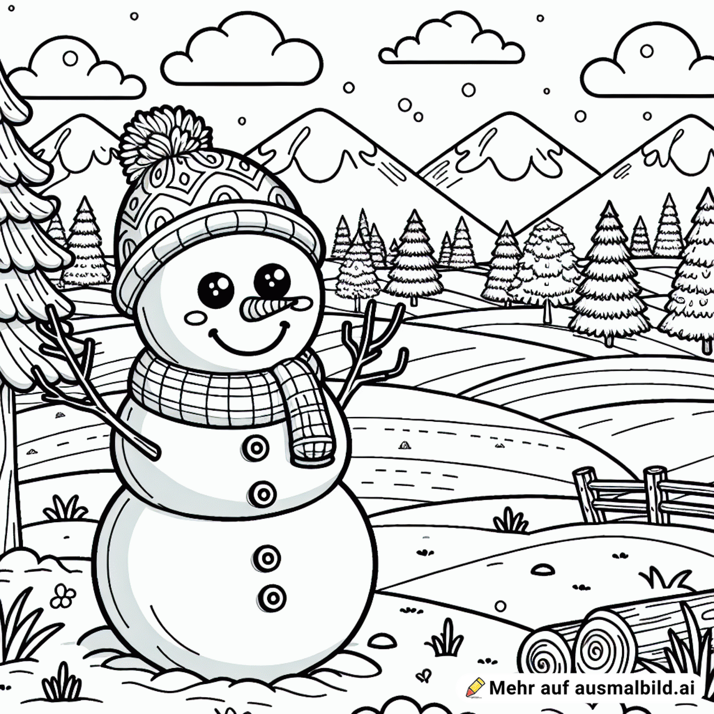 Schneemann mit Möhre und Ästen. Im Hintergrund Wald, Wiese Berge