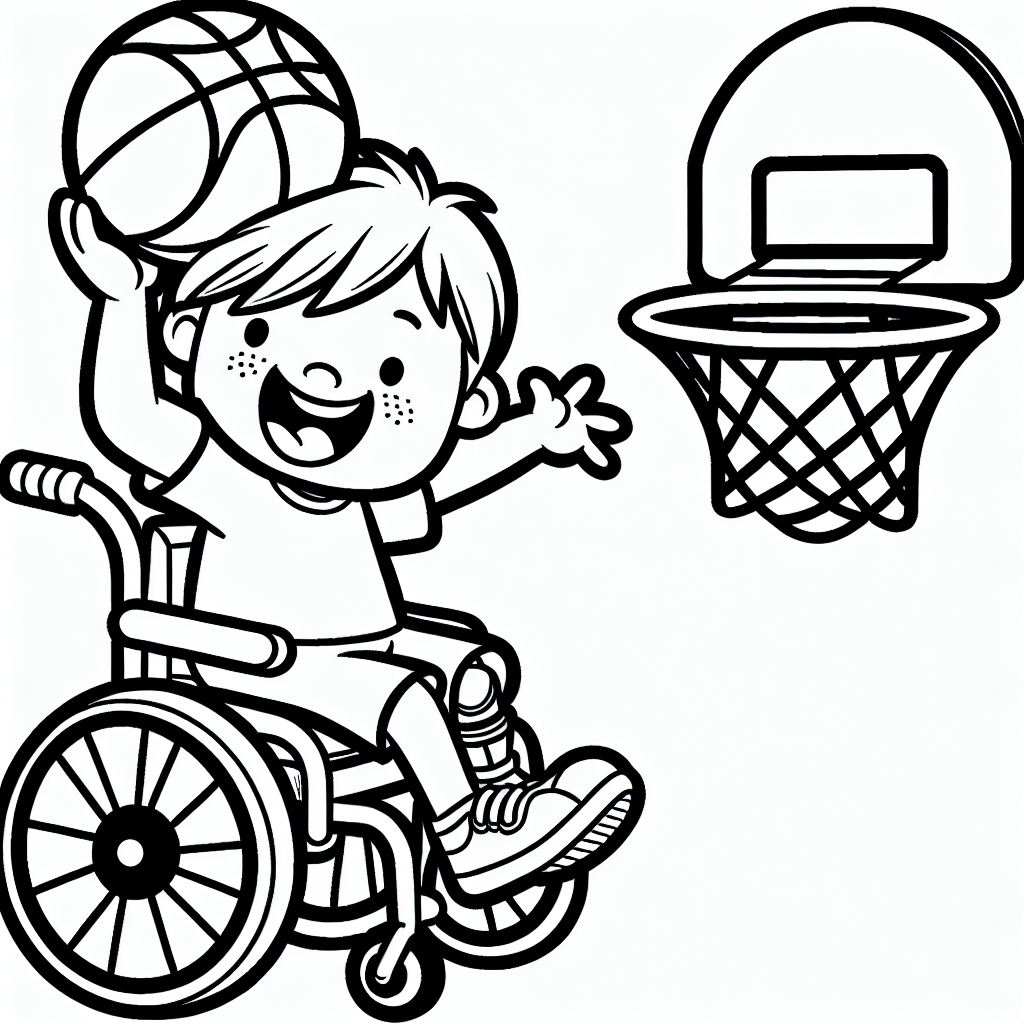 Kostenlose Malvorlage Kind im Rollstuhl mit Basketball ausdrucken