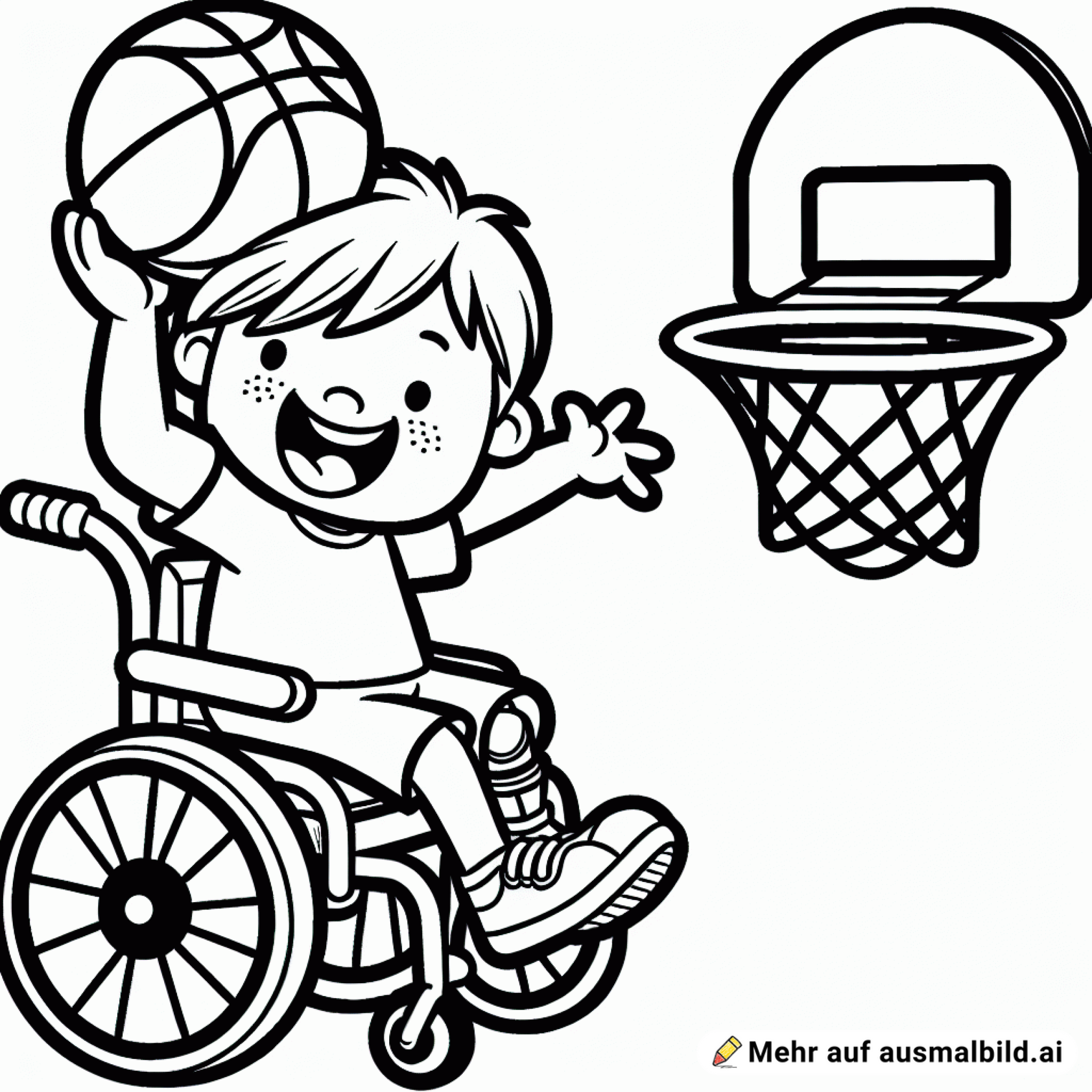 Ein fröhliches Kind im Rollstuhl mit nur einem Bein wirft mit einem Basketball richtung Korb