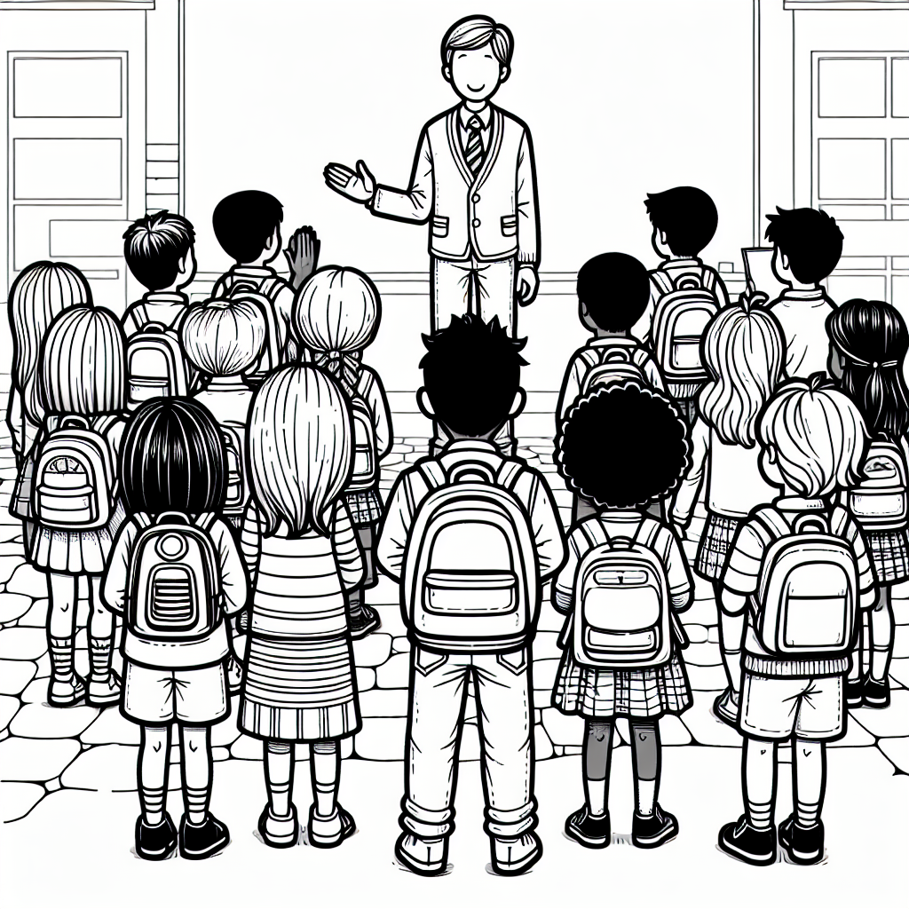 Malvorlage Kinder begrüßen Lehrer im Schulunterricht kostenlos
