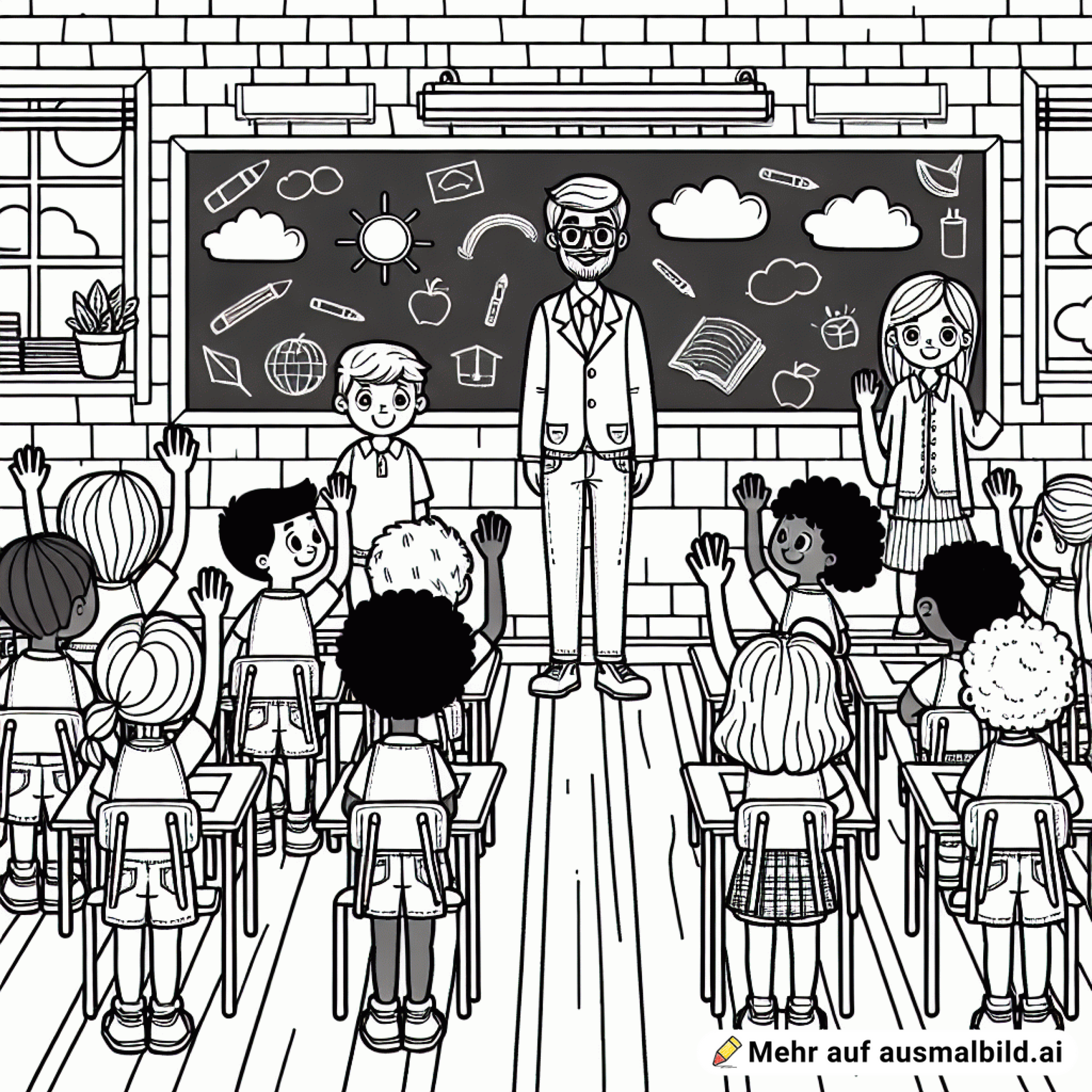 Kinder im Schulunterricht stehen auf um den Lehrer zu begrüßen. Dazu stehen sie von ihren Tischen auf und Blicken Richtung Lehrer, der vor der Tafel steht