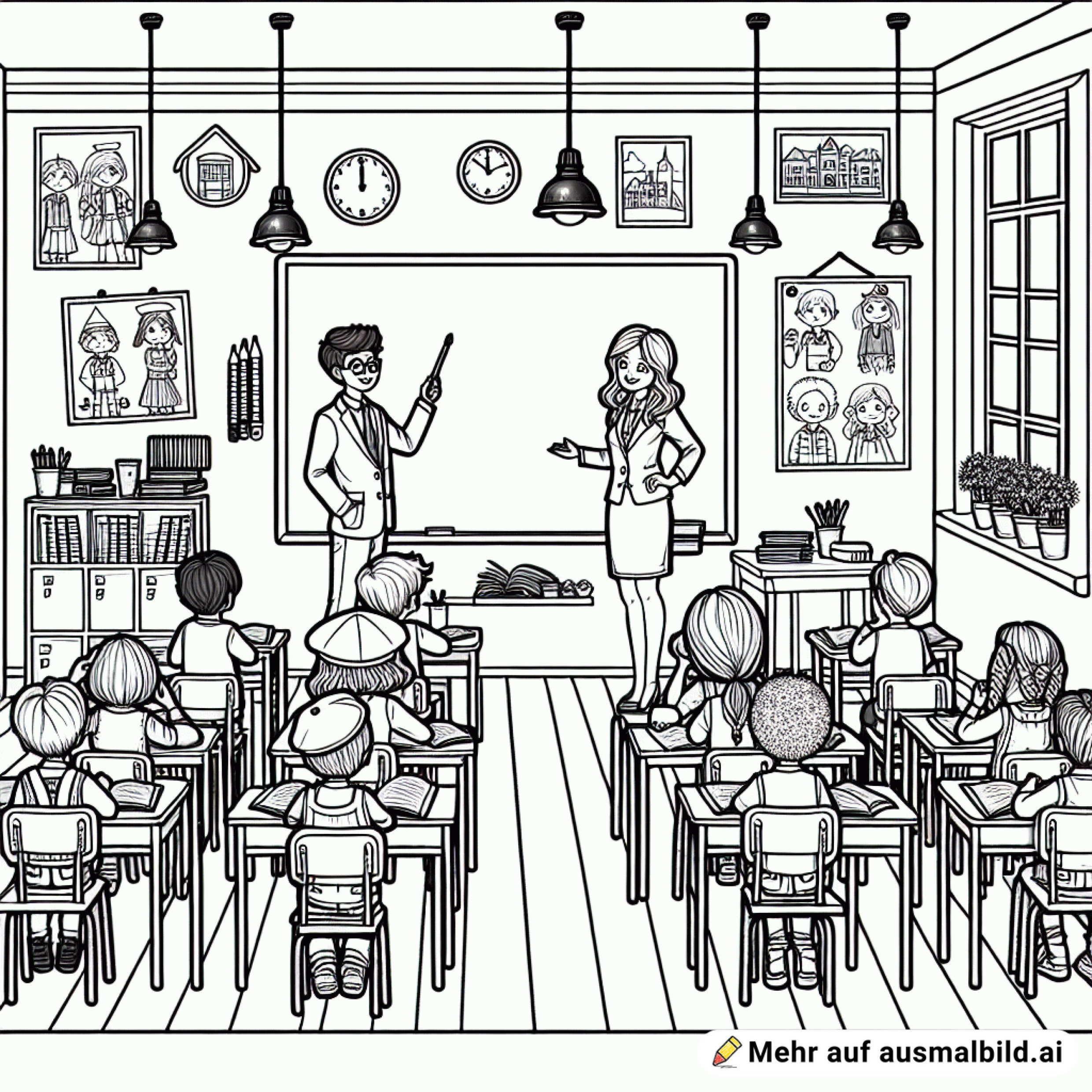 Kinder im Schulunterricht stehen auf um den Lehrer zu begrüßen. Dazu stehen sie von ihren Tischen auf und Blicken Richtung Lehrer, der vor der Tafel steht. Rechts an der Wand sind gemalte Bilder, Links sind die Fenster