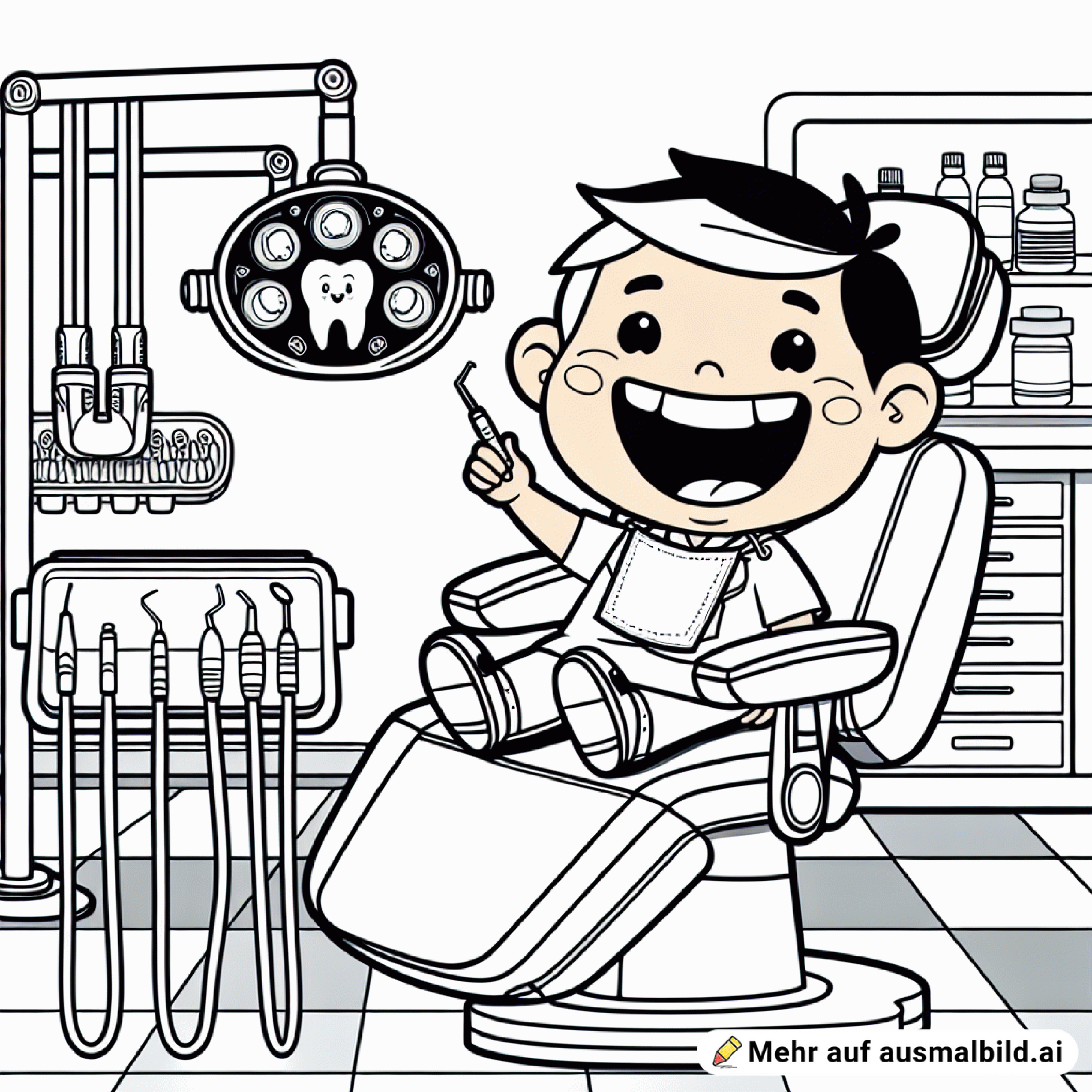 Glückliches Kind beim Zahnarzt auf der Liege, Lampe oben drüber