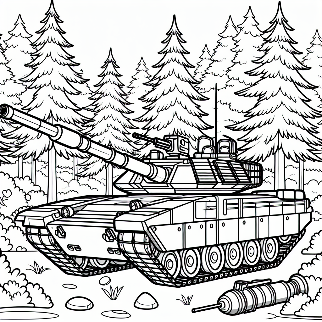 Moderner Panzer Ausmalbild kostenlos – Wald & Kanone Malvorlage