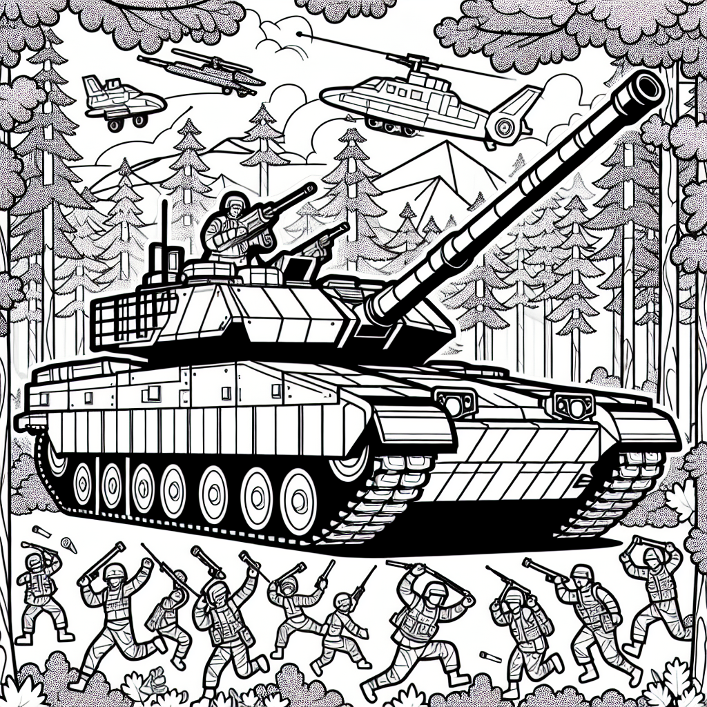 Moderner Panzer Malvorlage mit Kanone im Wald kostenlos ausdrucken