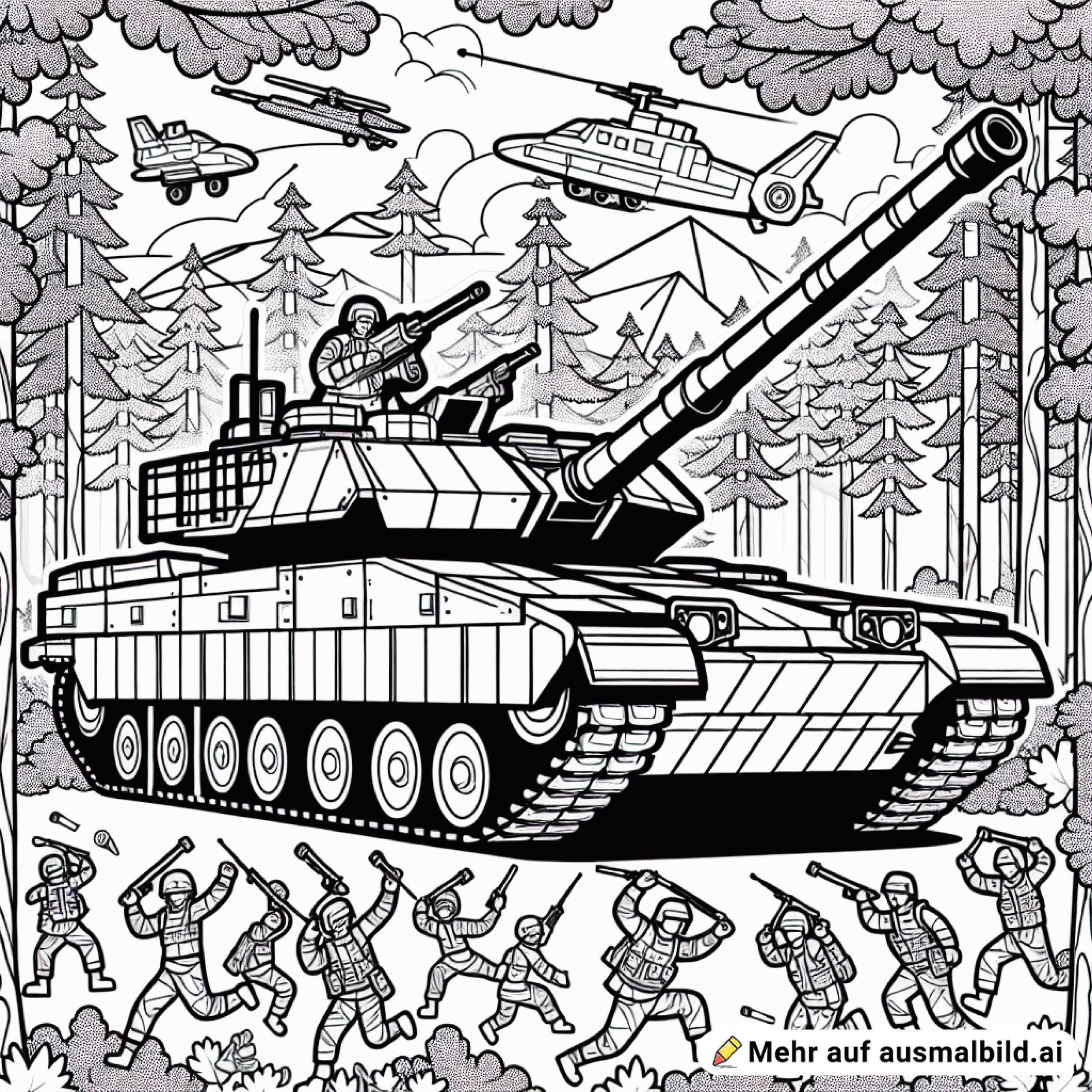 Moderner panzer mit großer Kanone im Wald mit ein paar tanzenden Menschen im Hintergrund