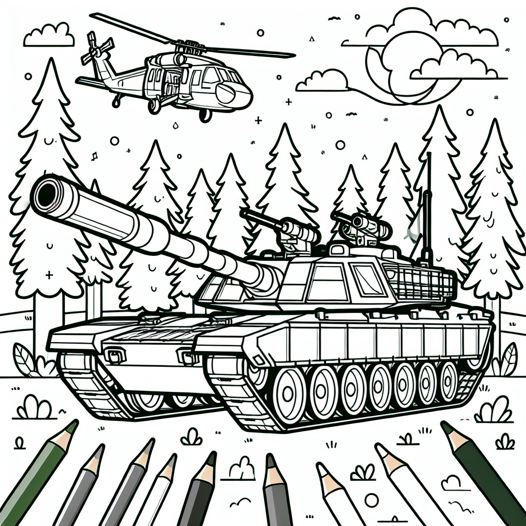 Moderner Panzer und Hubschrauber Malvorlage zum Ausdrucken