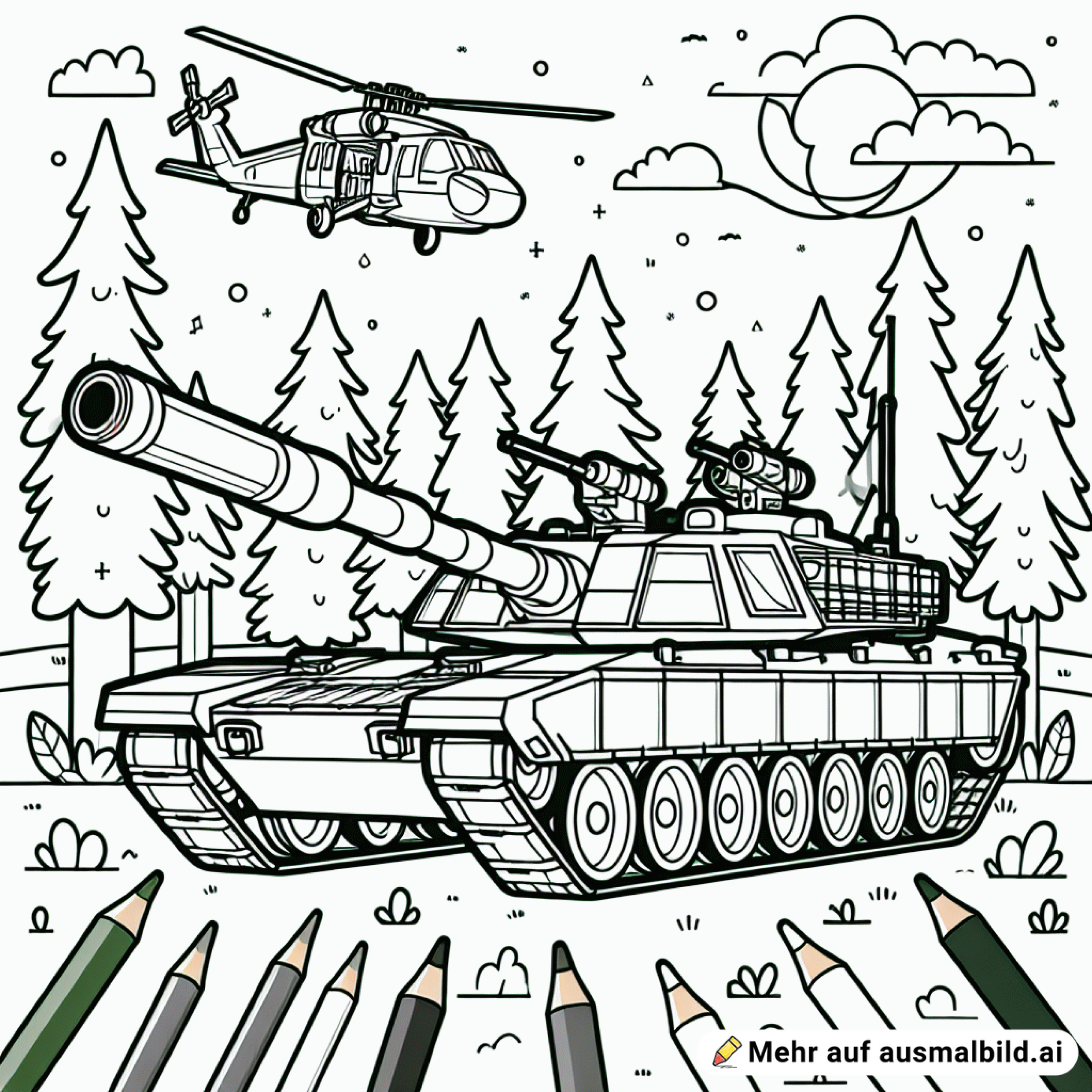 Moderner Panzer mit großer Kanone im Wald und drüber fliegt ein Hubschrauber
