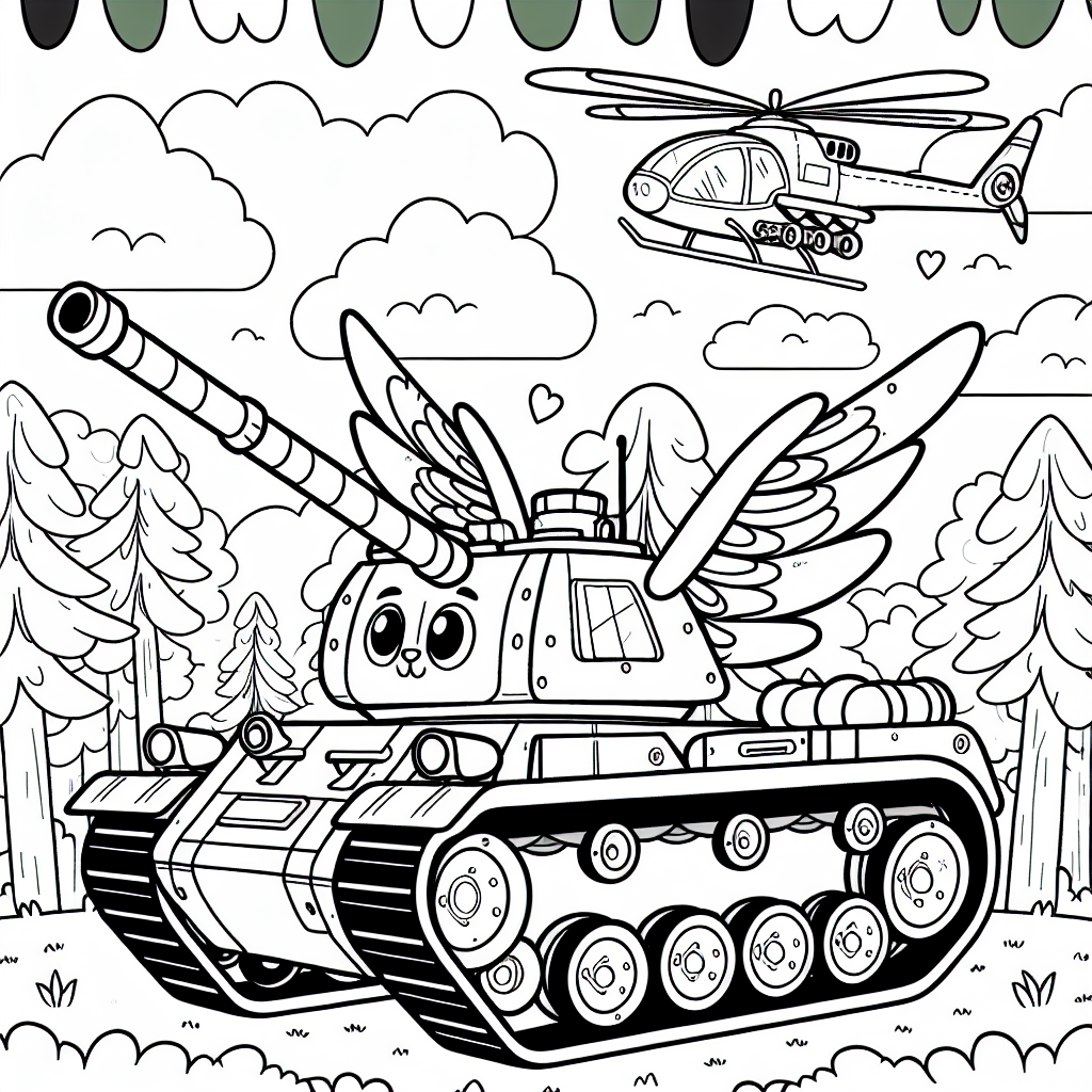 Kostenlose Panzer Malvorlage mit Flügeln und Hubschrauber ausdrucken