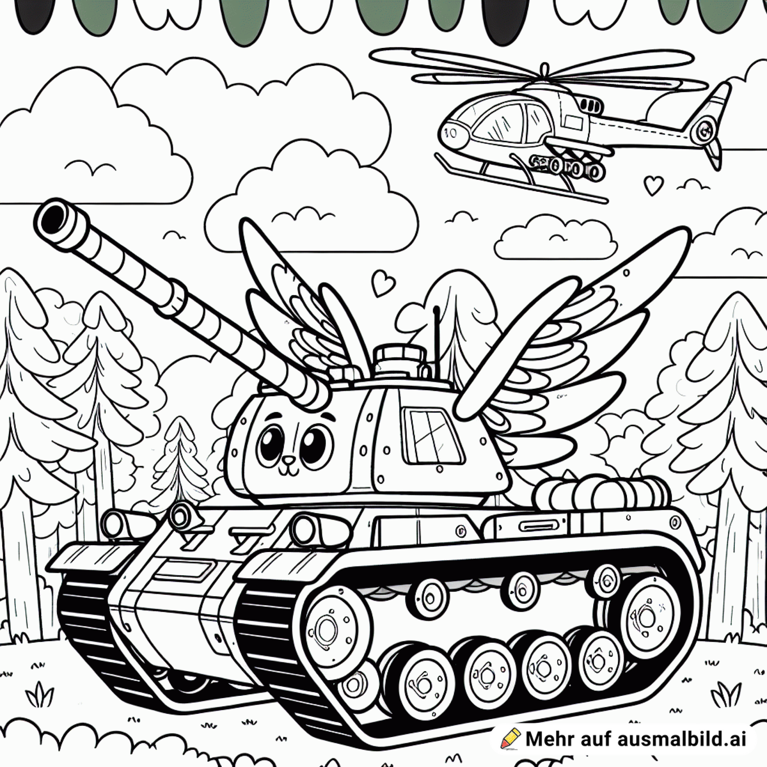 Panzer mit Flügeln und vier Beinen im Wald und drüber fliegt ein Hubschrauber