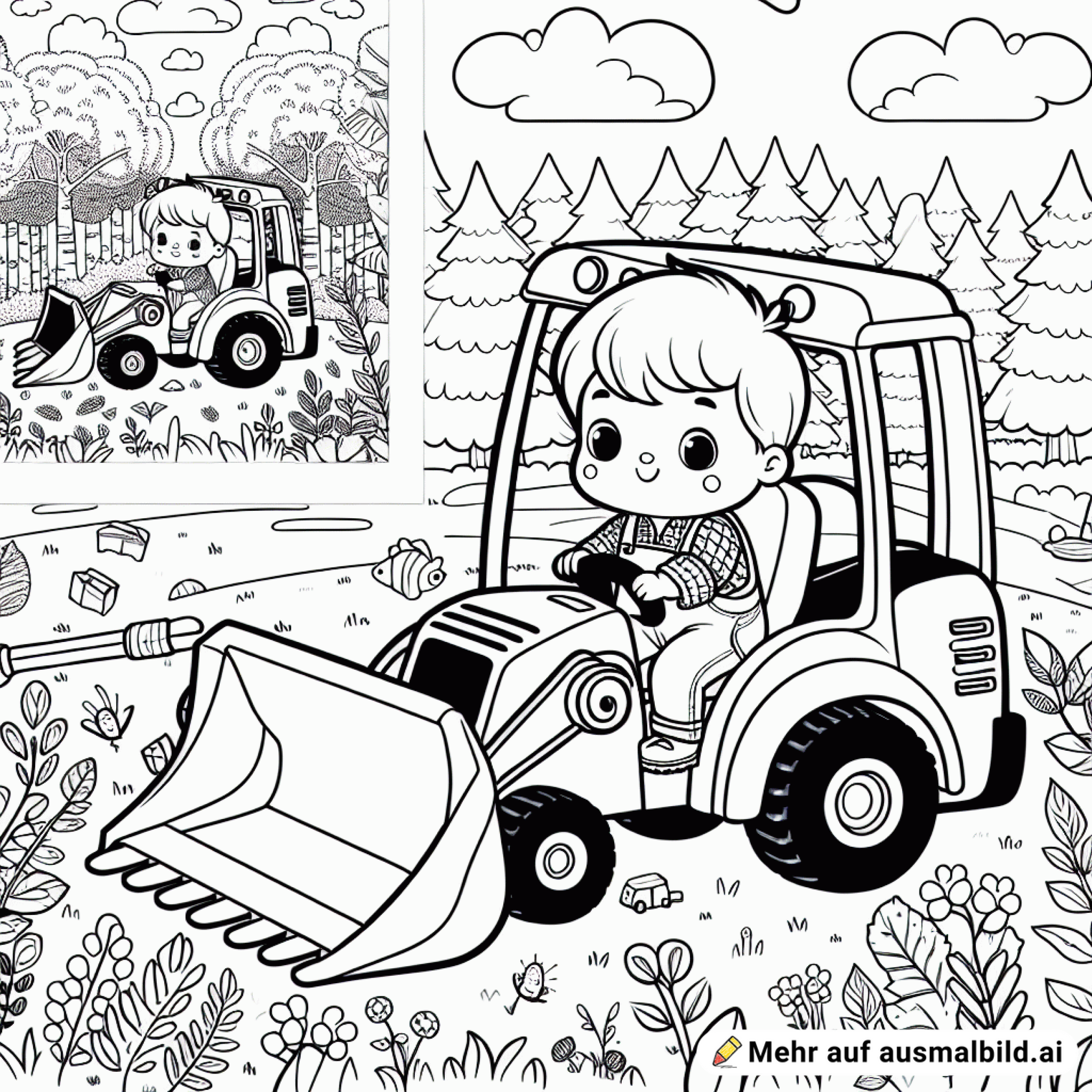 Kleines Kind fährt auf einer Wiese vor dem Wald auf dem Radlader mit Schaufel