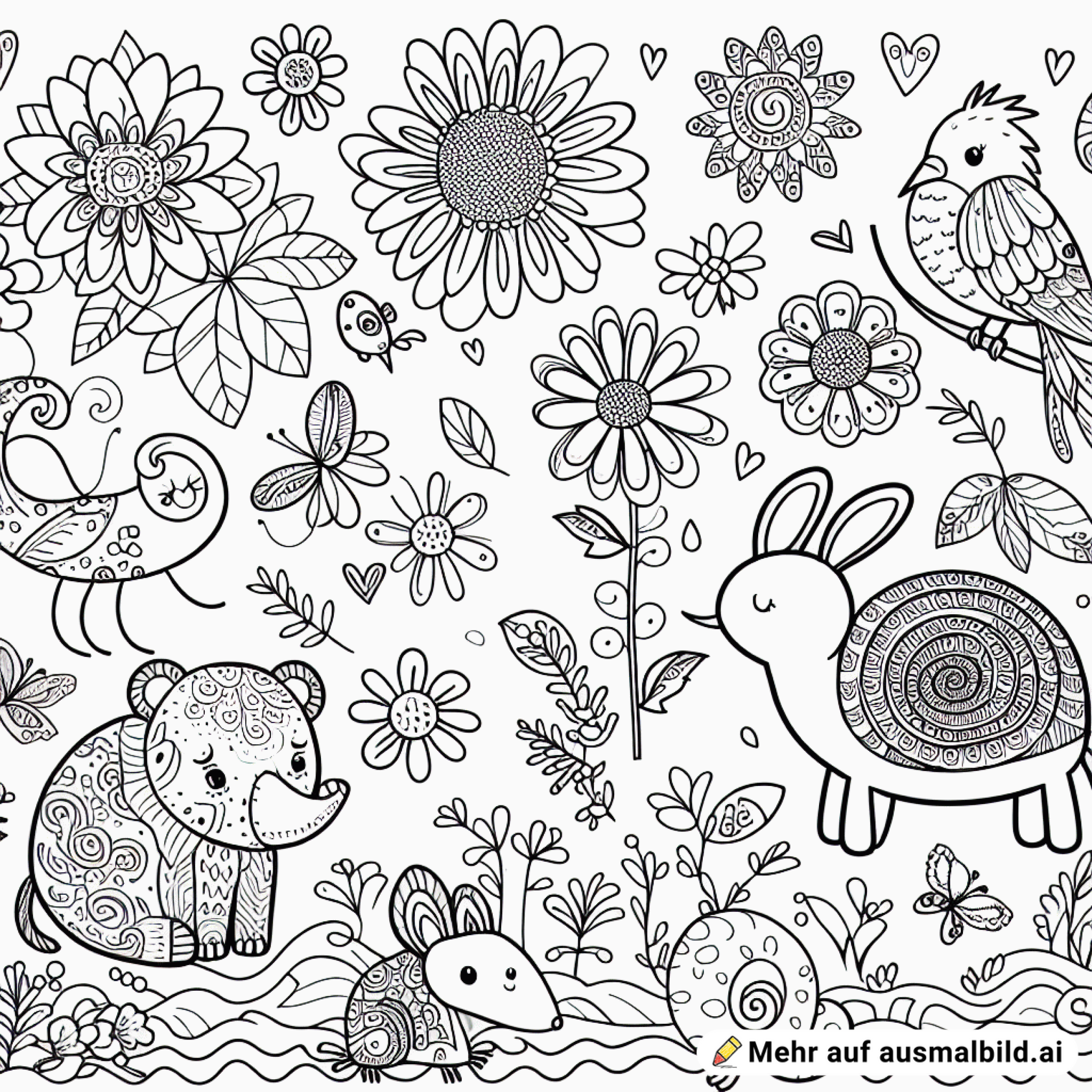 einfaches Ausmalbild mit Tieren und Blumen, reduzierter Hintergrund