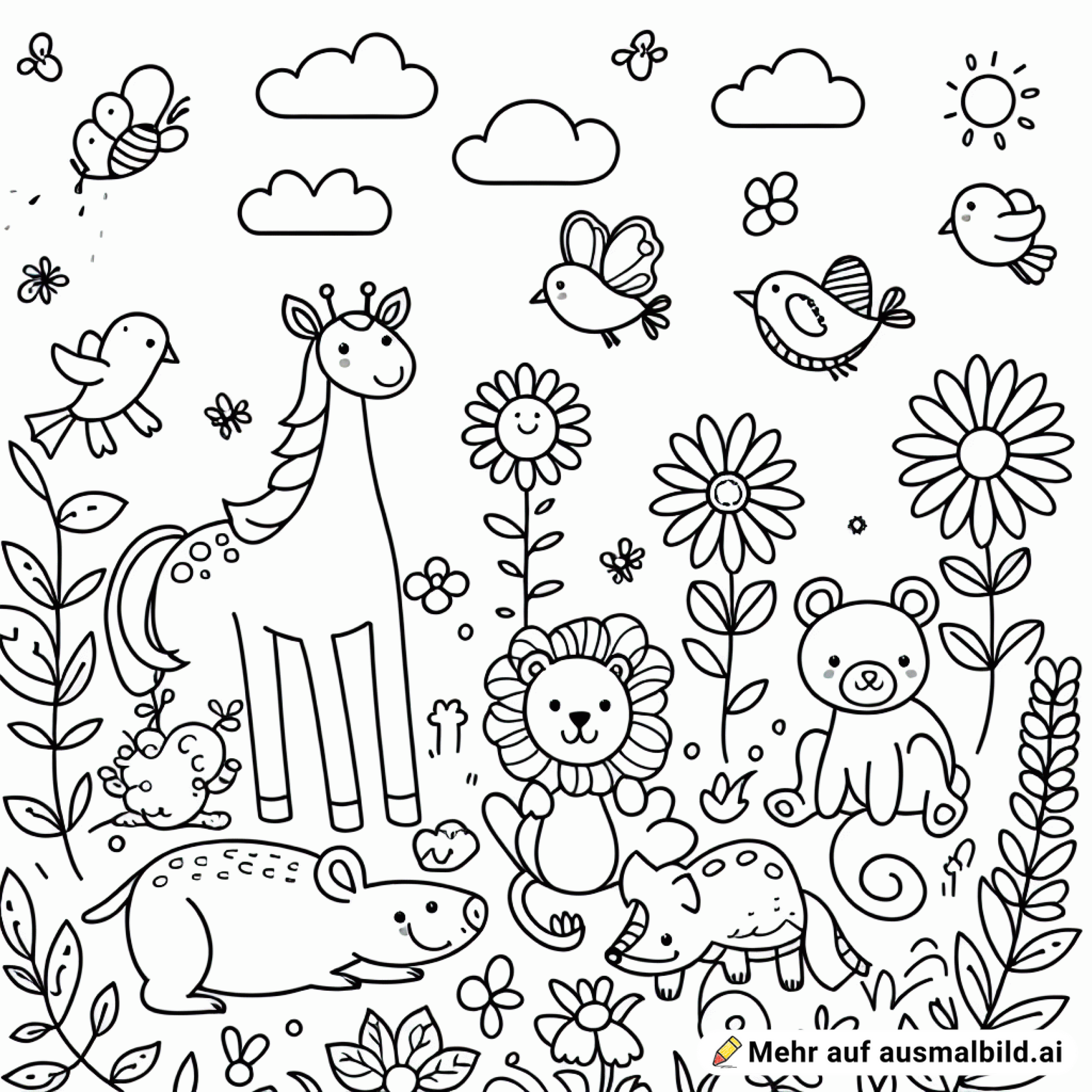 einfaches Ausmalbild mit Tieren und Blumen, reduzierter Hintergrund, ein bis 3 Tiere pro Gattung auf einer Seite