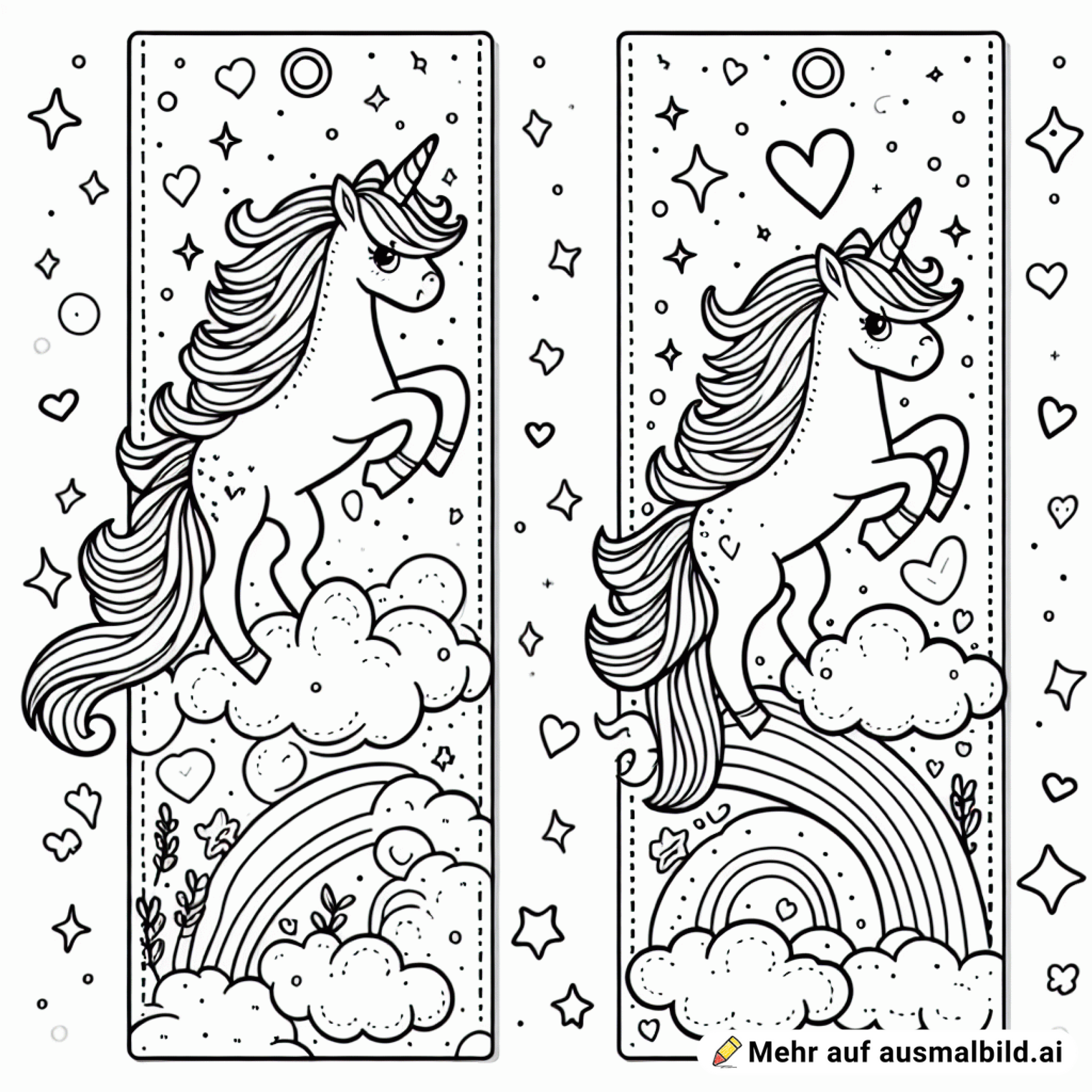 Ein Lesezeichen zum Ausschneiden mit fliegenden Einhörnern und Herzen im Skizzen design