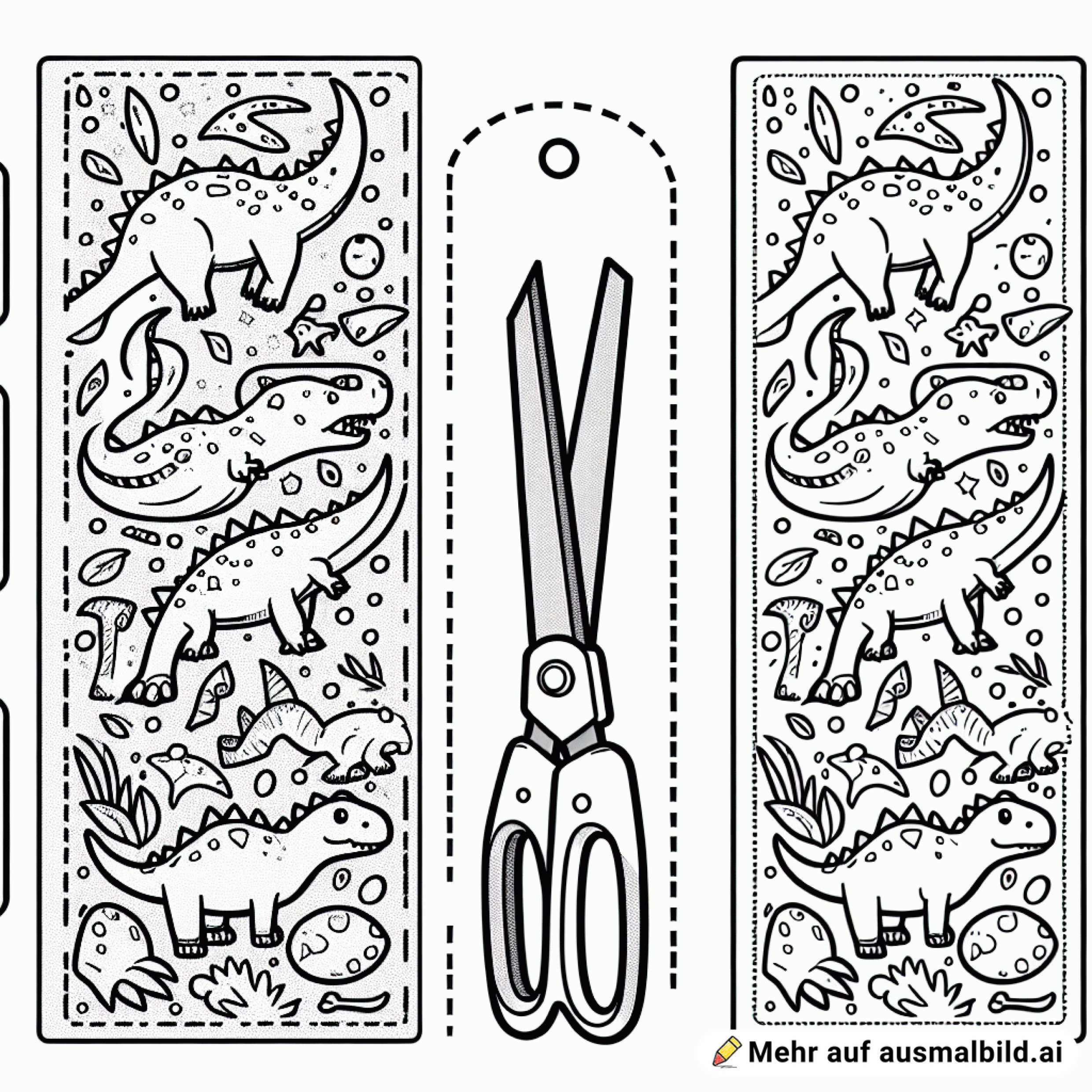 Ein Lesezeichen zum Ausschneiden mit Dinosauriern im Skizzen design. Eine gestrichelte Linie mit einer Schere sollte die Schnittkontur zeigen und um das Lesezeichen kannst du verschiedene Motive zum Theme platzieren