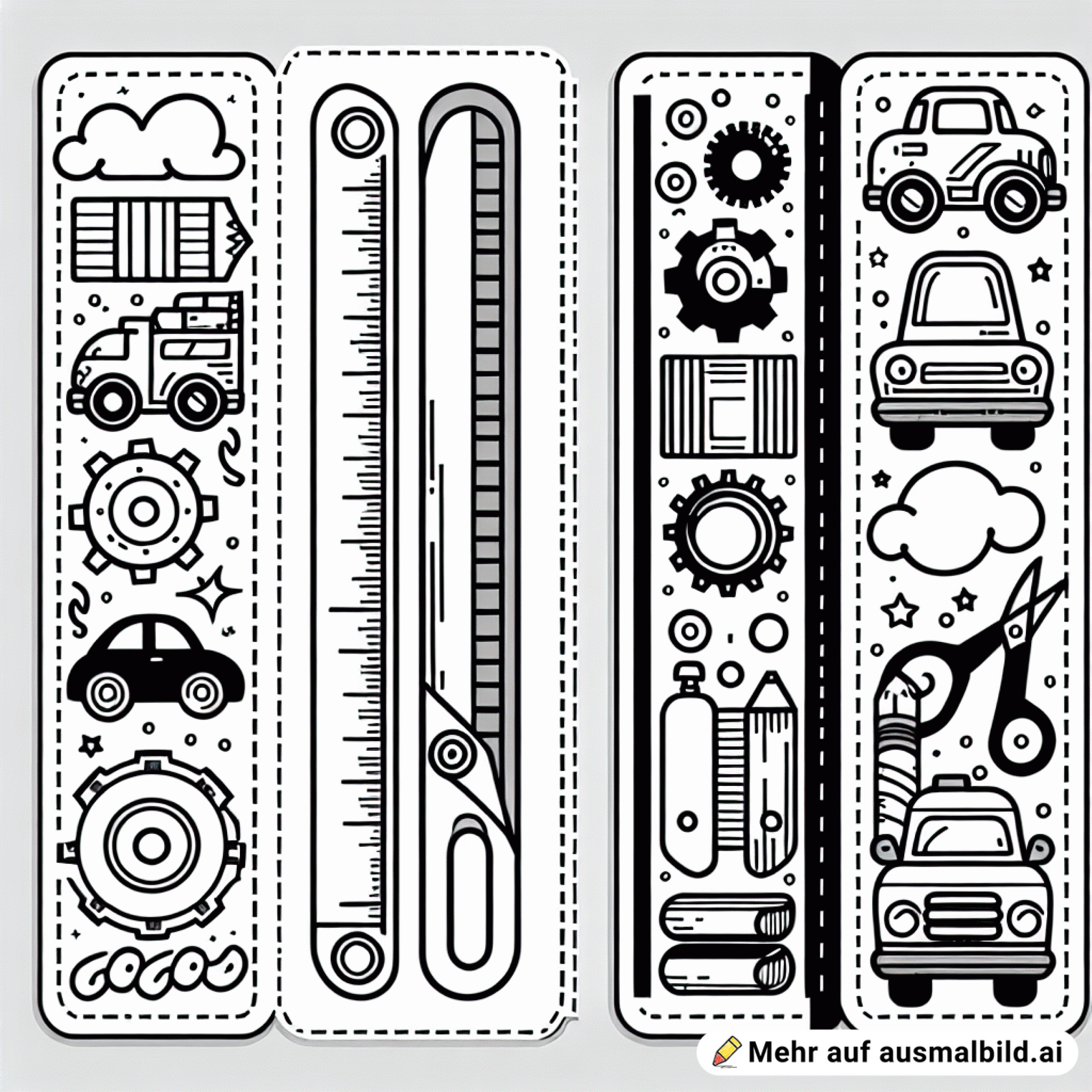 Ein Lesezeichen zum Ausschneiden mit Autos im Skizzen design. Eine gestrichelte Linie mit einer Schere sollte die Schnittkontur zeigen und um das Lesezeichen kannst du verschiedene Motive zum Theme platzieren