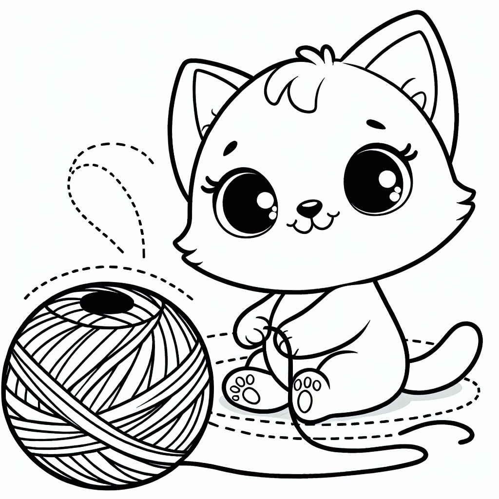 Kostenlose Malvorlage süße Katze mit Wolle zum Ausdrucken